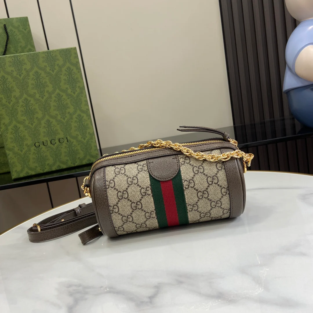 Миниатюрная цилиндрическая сумка Gucci Ophidia - коричневая отделка.