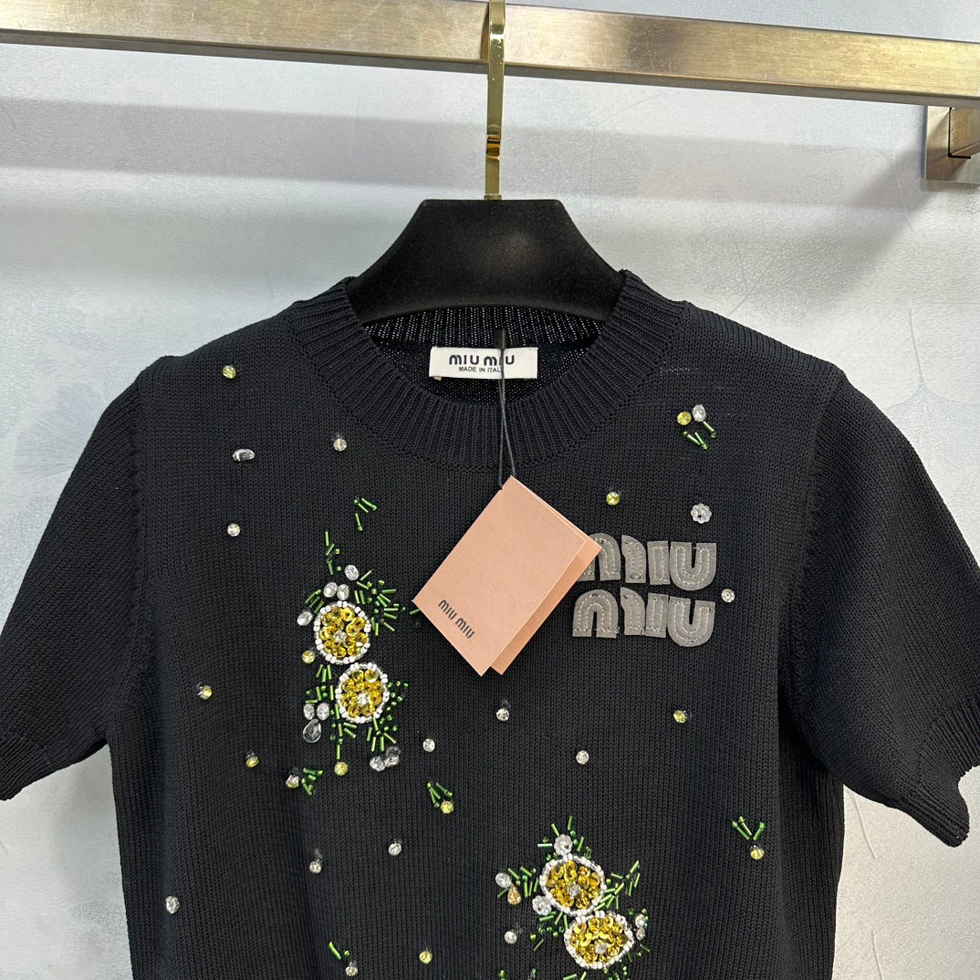 Miu Miu-2404 - Летняя новая толстая вязаная блузка с бисером