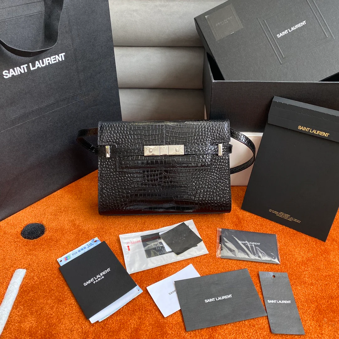 Сумка YSL Manhattan - с тиснением под крокодиловую кожу - черная с серебристой фурнитурой - маленький размер