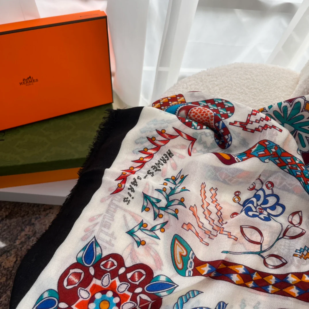 Кашемировый шарф Hermes с принтом - 105 см - 200 см - 100 см - Кашемир премиум-класса - 1 шт.