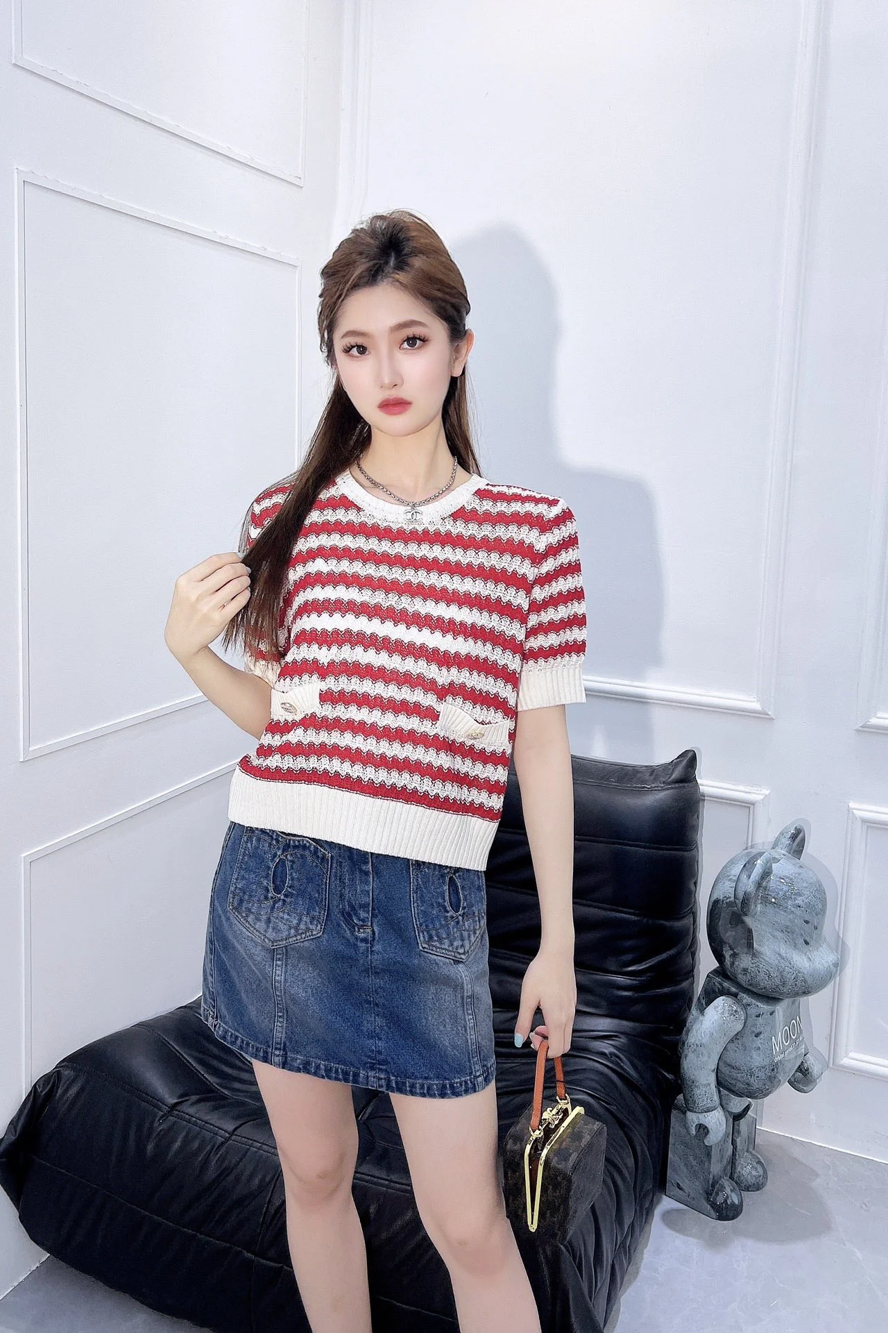 Chanel 2404 - Вязаный топ с короткими рукавами в полоску с цветовыми блоками - Красный