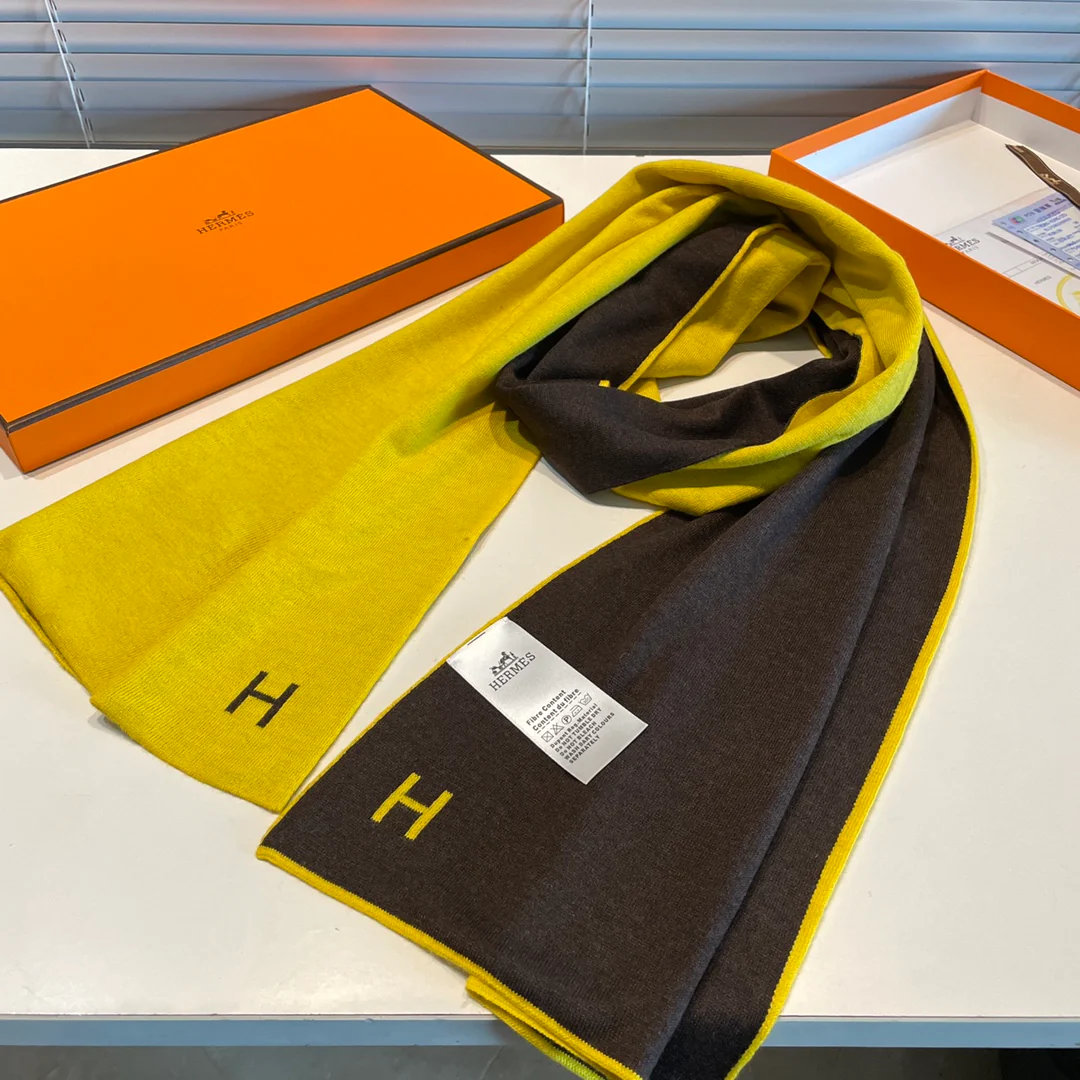Вязаный кашемировый двусторонний шарф Hermes - 32 см - 180 см - желто-коричневый