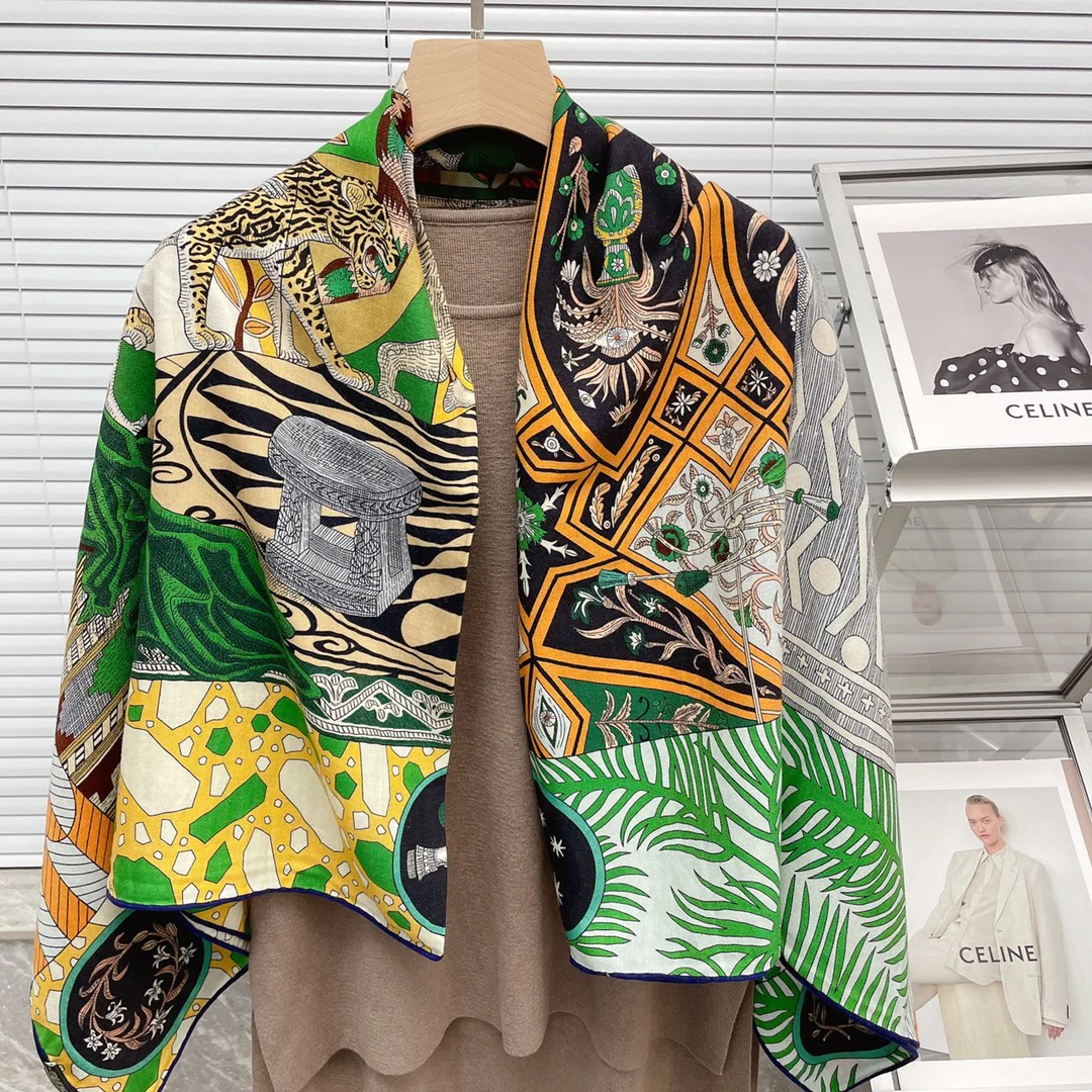 Большой двусторонний шарф Hermes - 140 см - 30 - Шелк 70 - Шерсть - 2