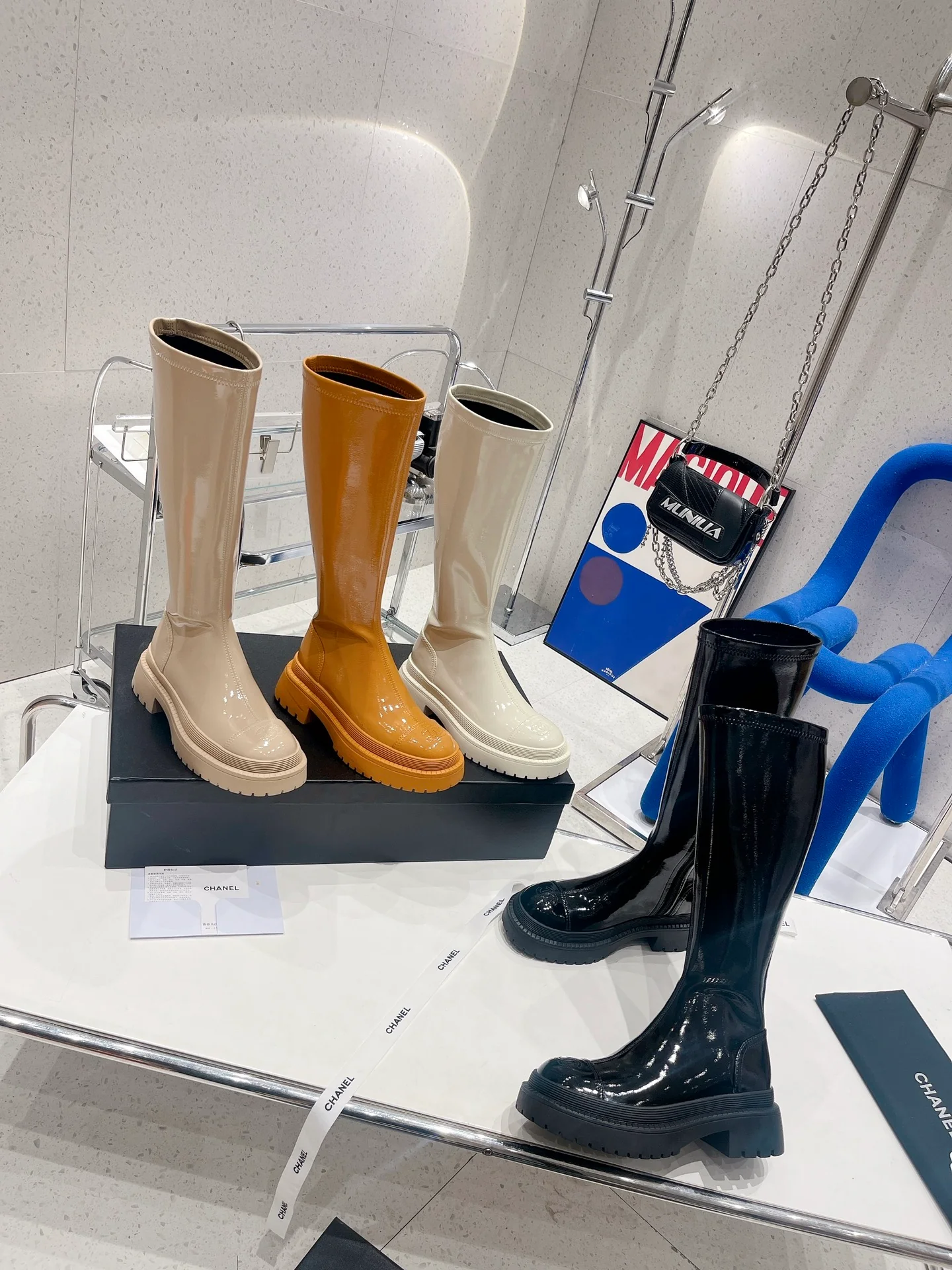 Ботинки Chanel на платформе с эластичным поясом - бежево-желтые