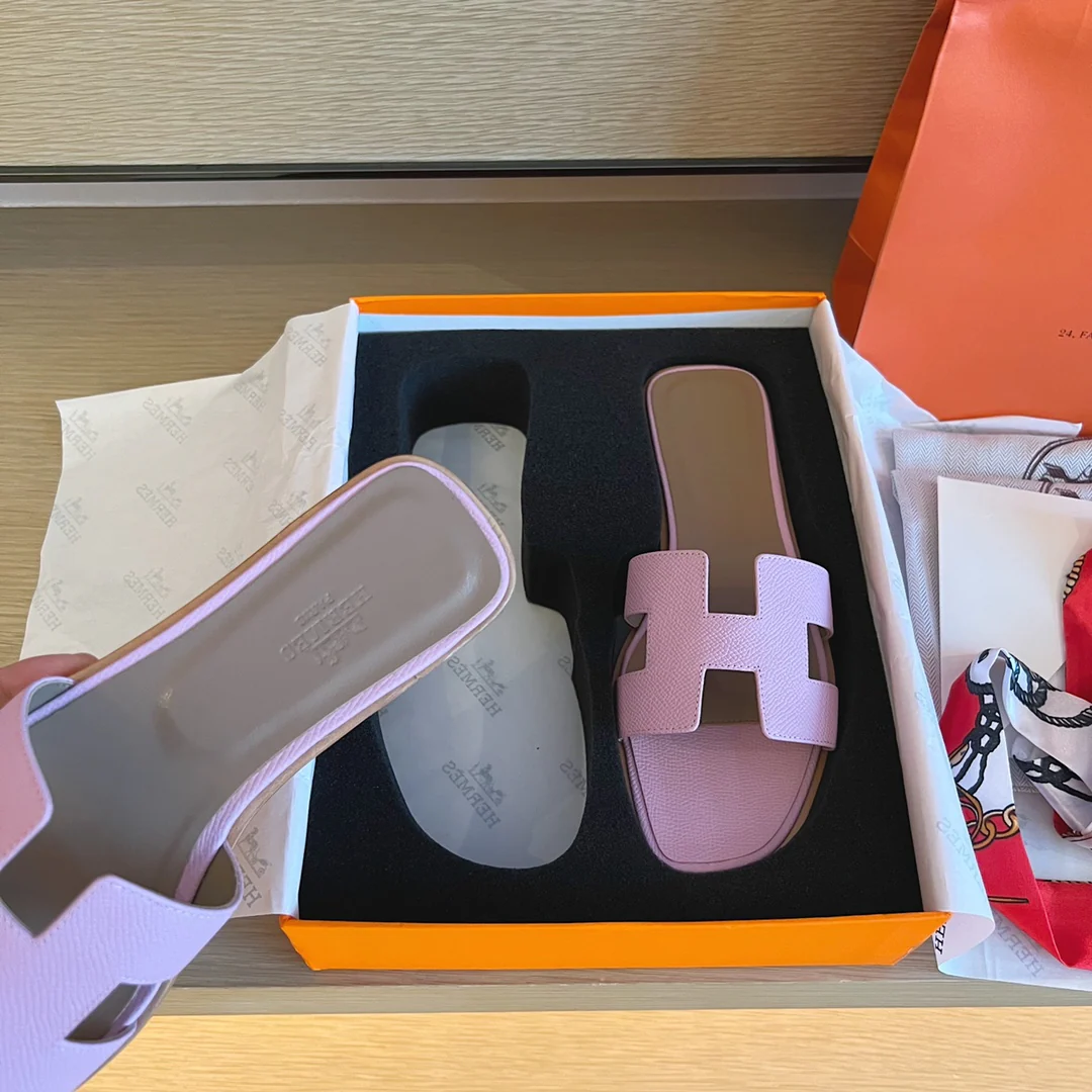 Тапочки Hermes-h на плоской подошве - серия с принтом пальмовых листьев - 1