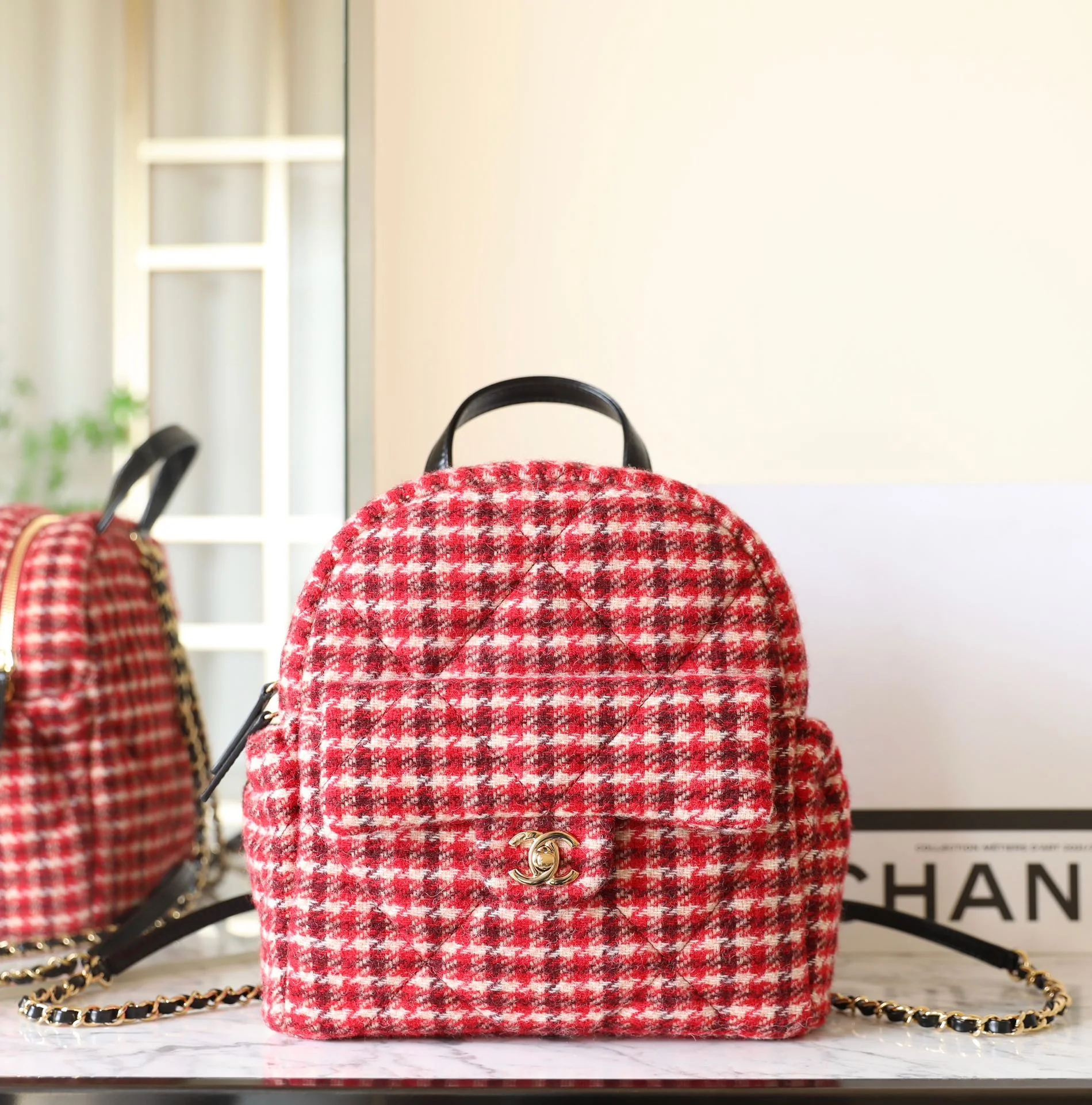 Рюкзак Chanel в клетку ?гусиная лапка? красного цвета