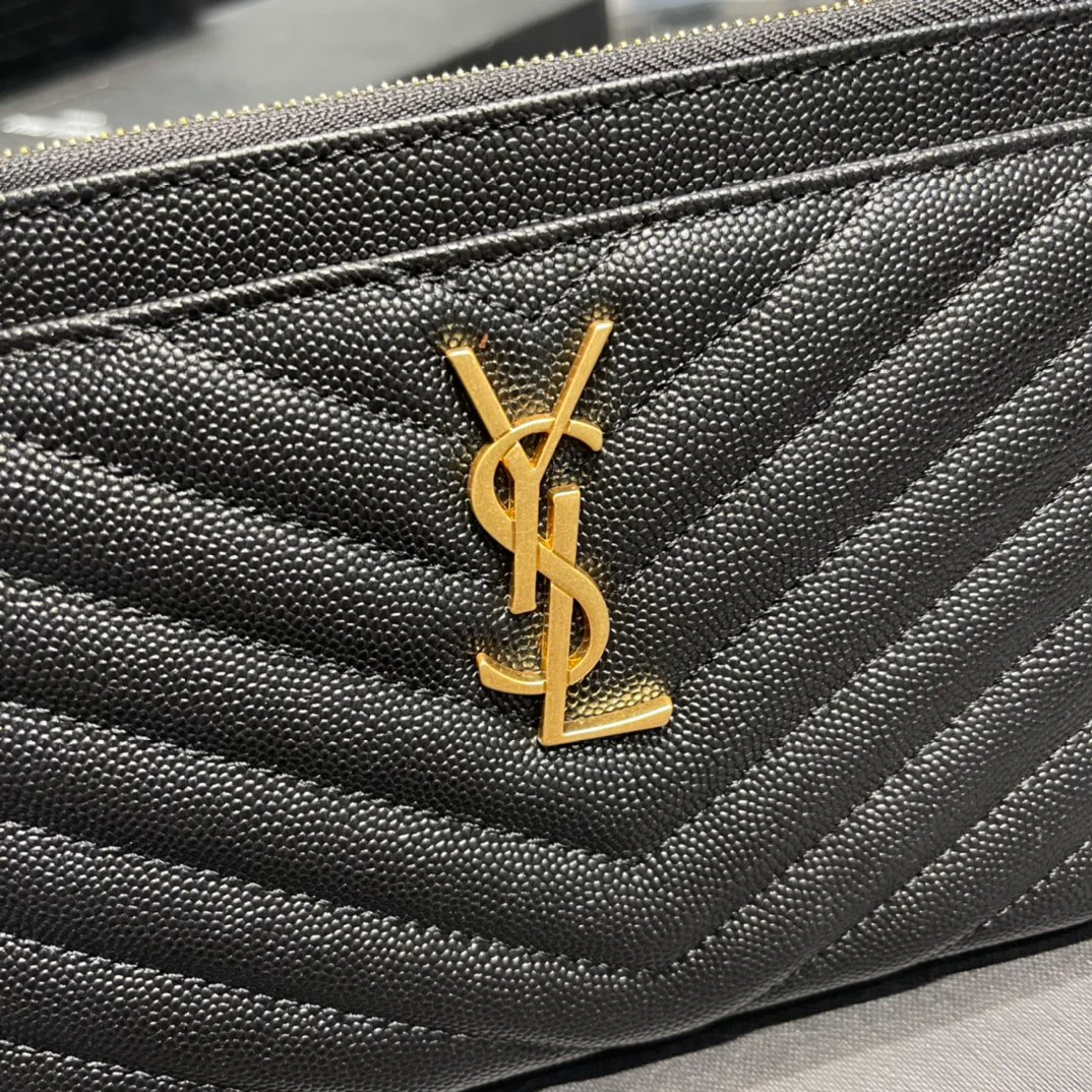 Клатч YSL на молнии - плоский кошелек - черный с золотой пряжкой