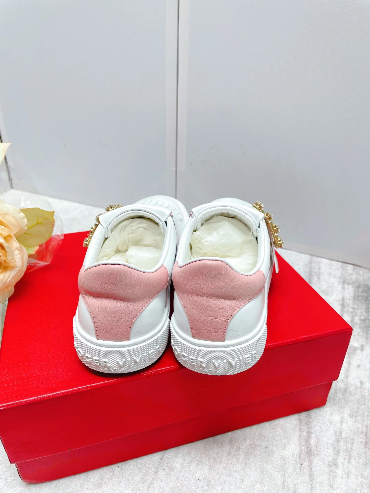 Обувь RV - Новинка весны/лета 2023 - Кроссовки с пряжкой и кисточкой из страз - Белые - Розовые