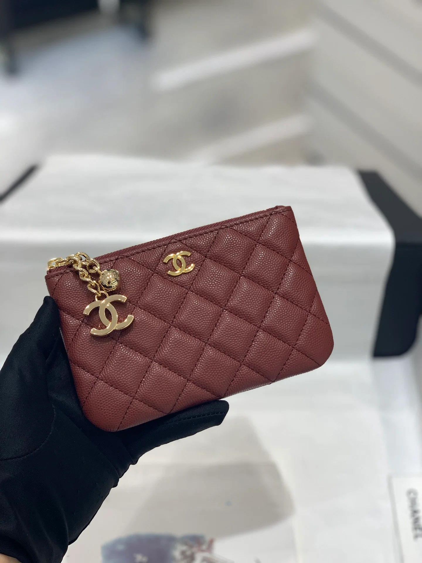 Chanel-经典双C 枣红色拉链零钱包/钥匙包