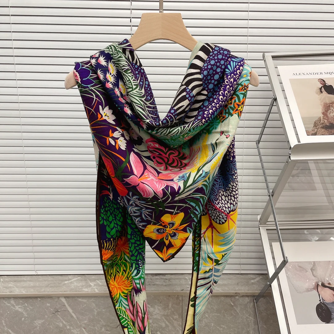 Большой двусторонний шарф Hermes - 136 см - 30 см - Шелк 70 - Шерсть - 2 см