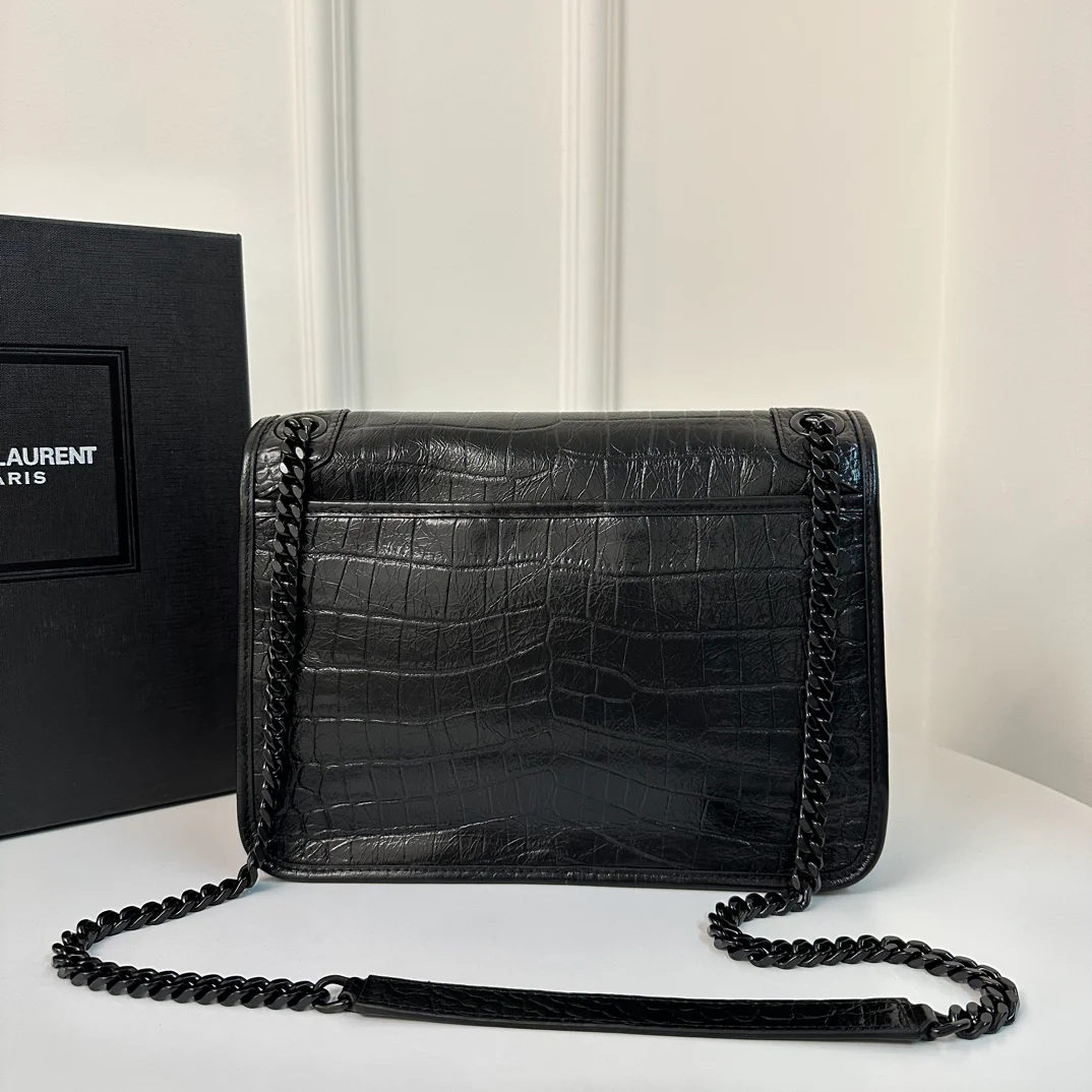 YSL Niki Baby 28 см, черная цепочка с крокодиловым принтом
