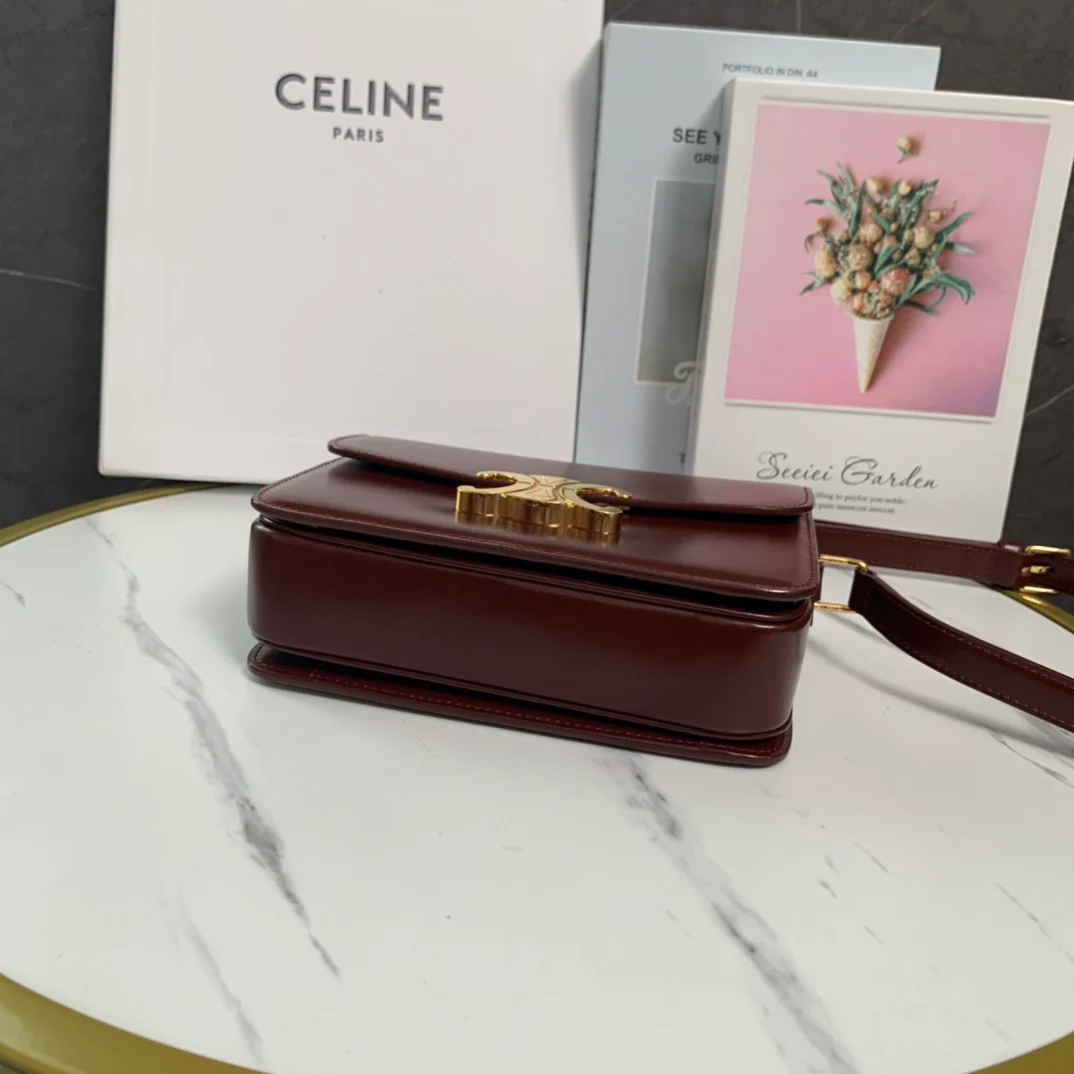 Сумка Celine Triomphe Classic из глянцевой телячьей кожи — красновато-коричневая.