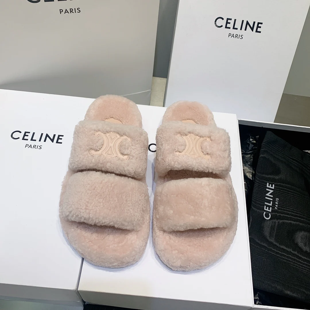 Celine - Шерстяные тапочки из овечьей кожи с логотипом - Размеры 35-39-40-41 (изготовление на заказ)