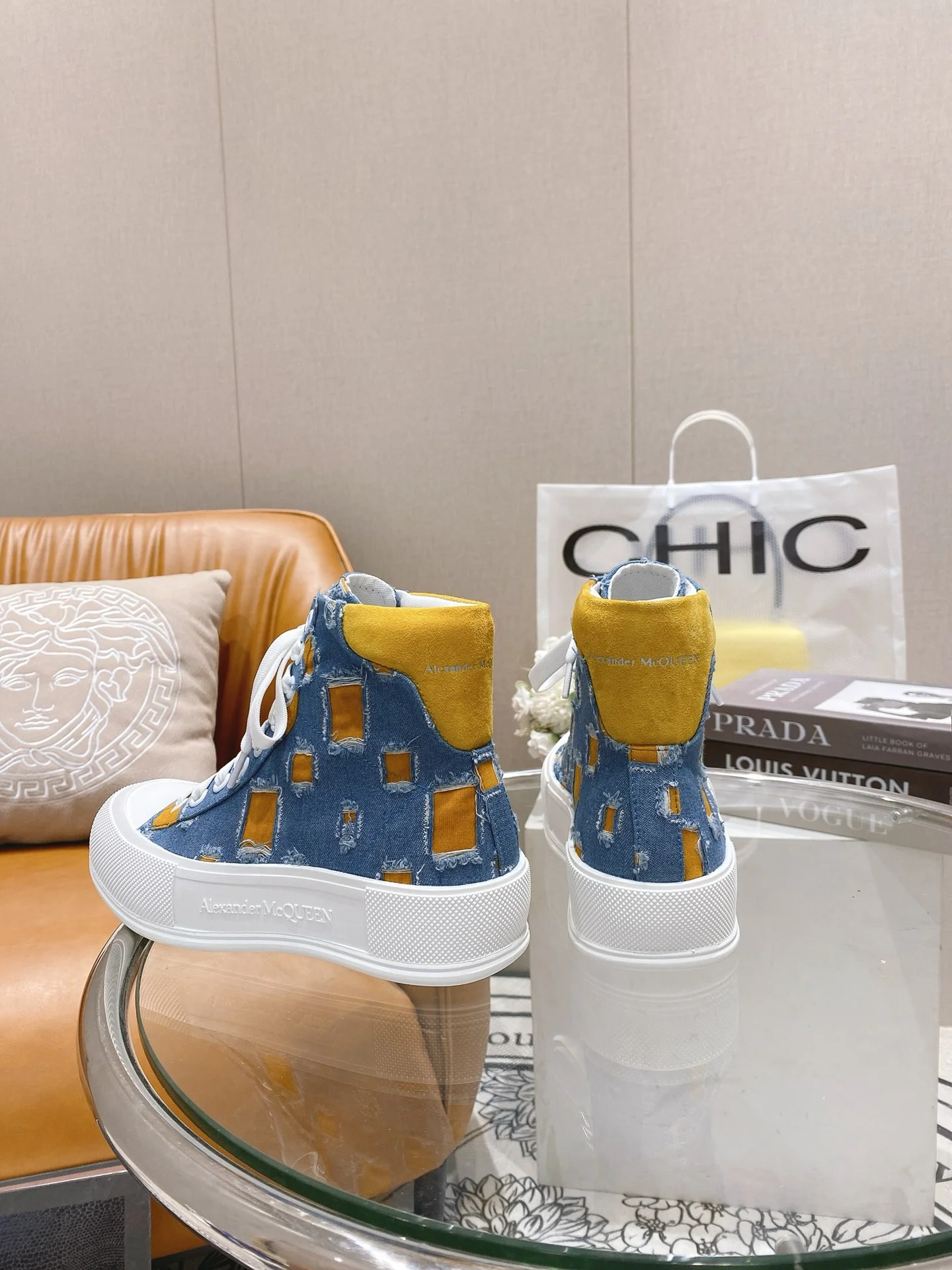 Кроссовки на платформе McQueen из парусины - джинсовый лоскутный дизайн - парный стиль