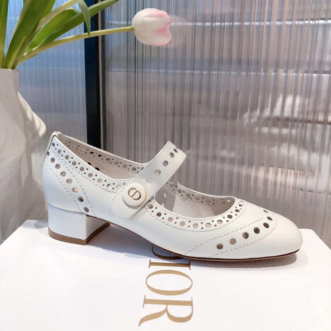 Dior - Ретро - Круглый носок - Ажурный - Низкий каблук - Белый