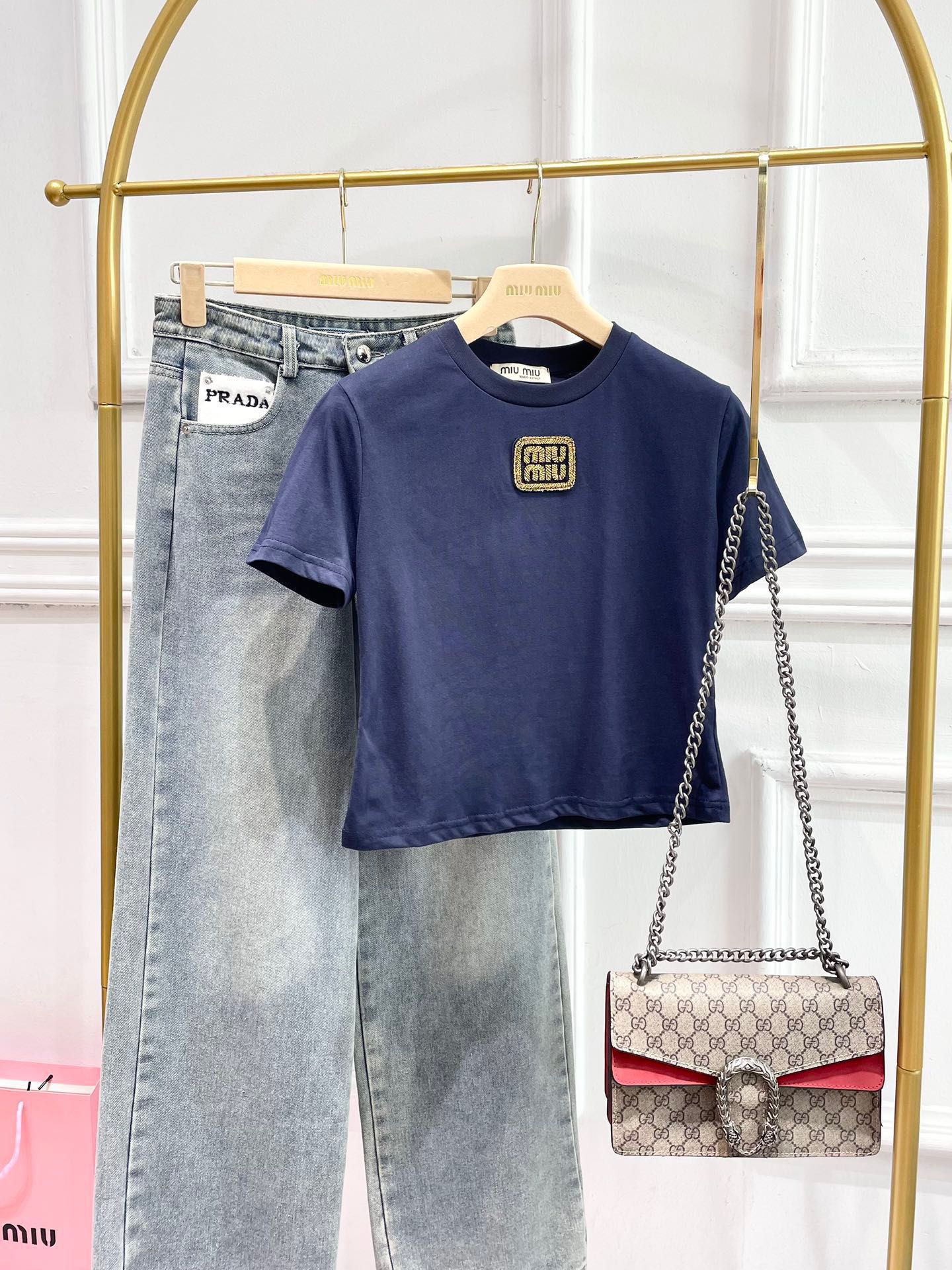 Футболка с коротким вышитым рукавом Miu Miu-2404