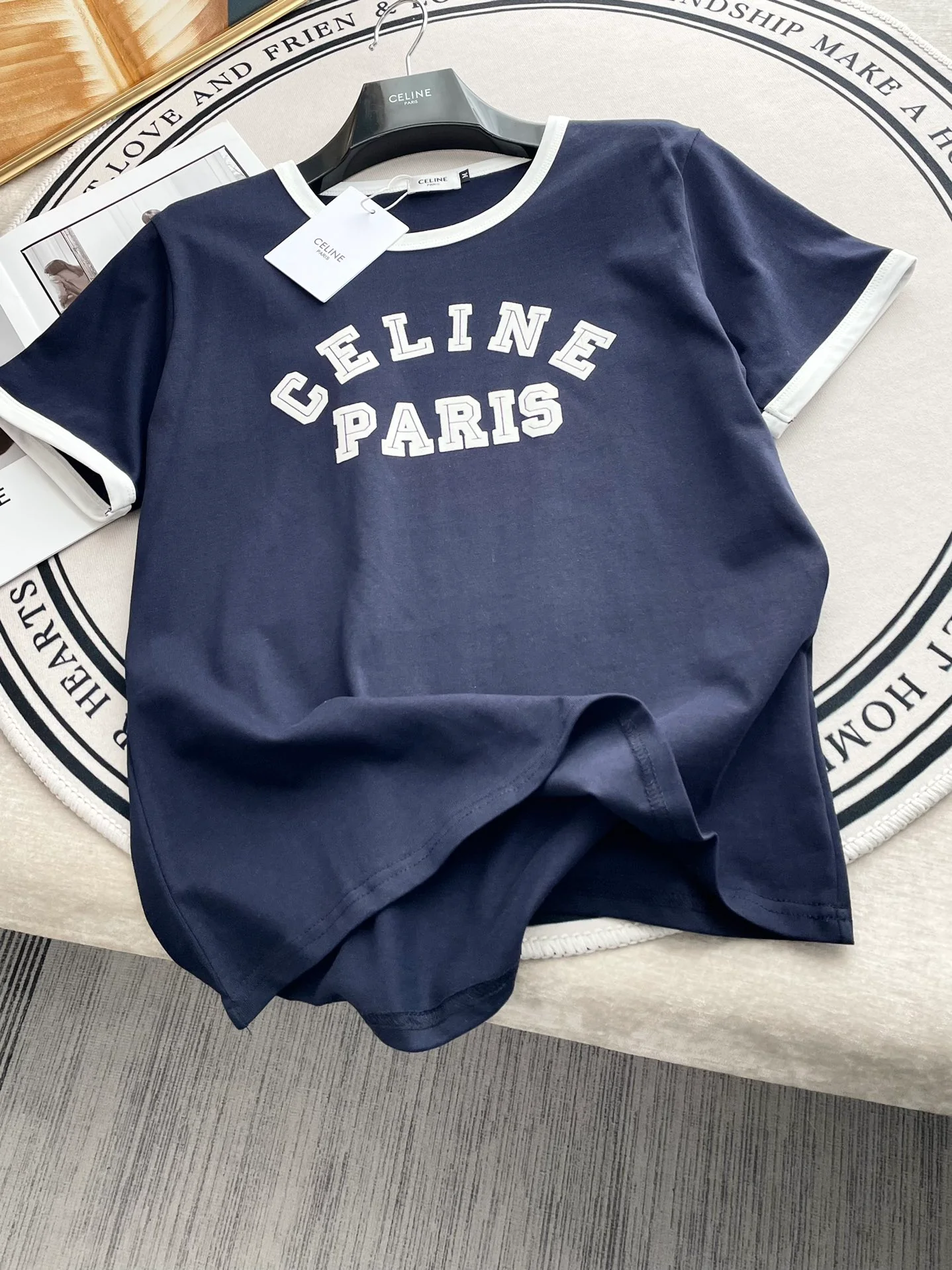 Футболка с коротким рукавом из хлопка с бархатным покрытием Celine-2404 - синяя