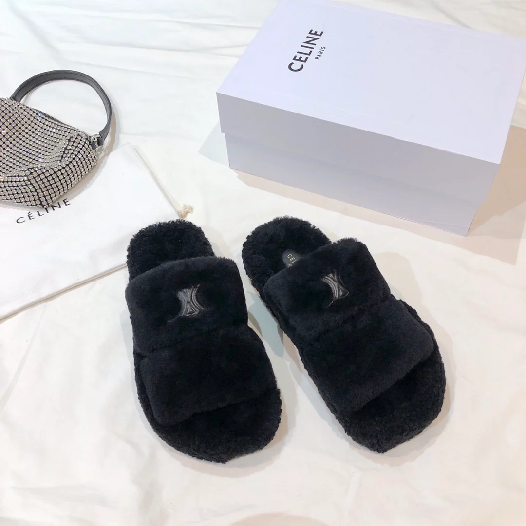 Туфли Celine - Меховые тапочки Celine - черные
