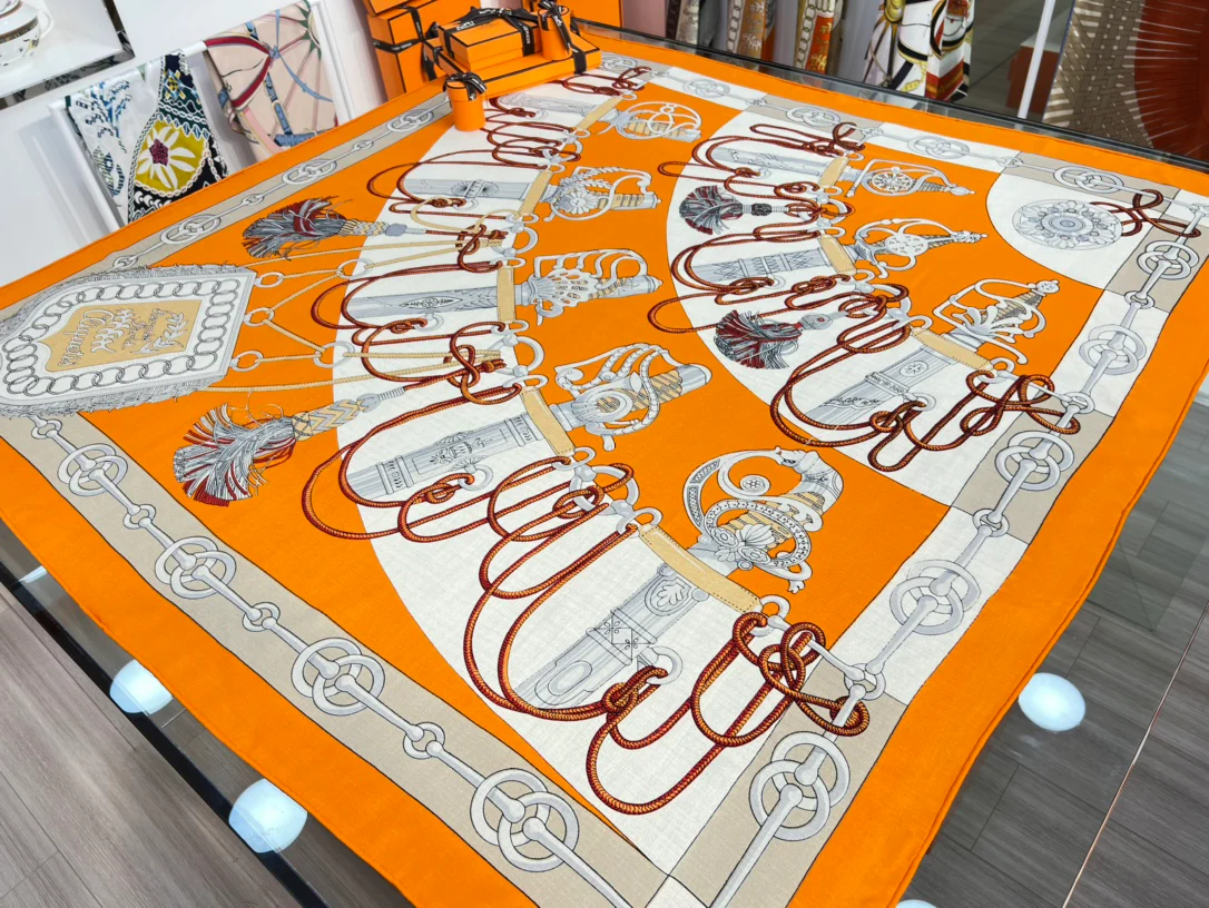 Бархатный шарф Hermes Sabre March - 140 см - 30 - Шелк 70 - Шерсть