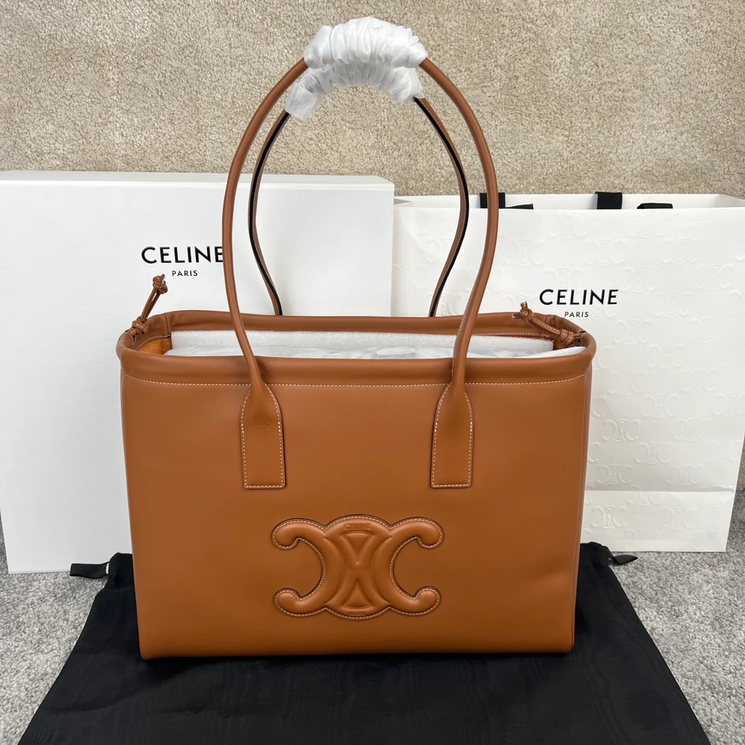 Сумка Celine Cabas Triomphe из гладкой кожи с завязками - коричневая