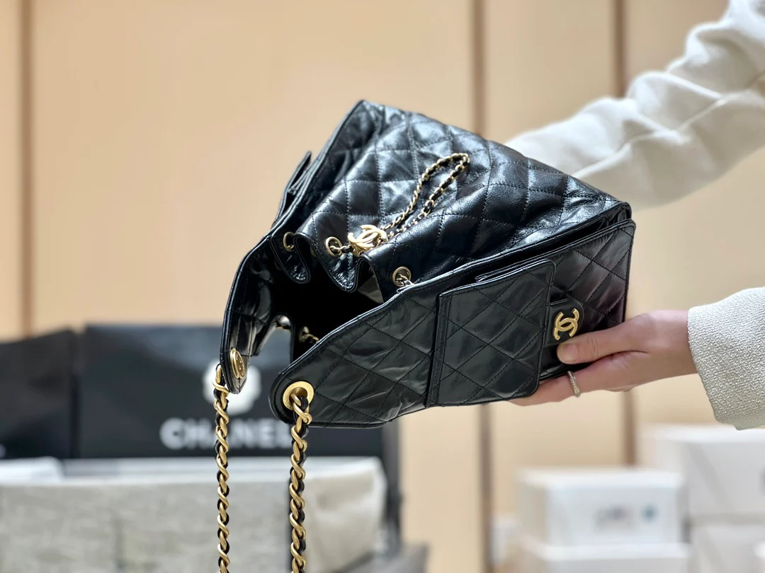 Сумка-ведро Chanel 25c 25bag из телячьей кожи с завязками, маленькая – черно-золотая