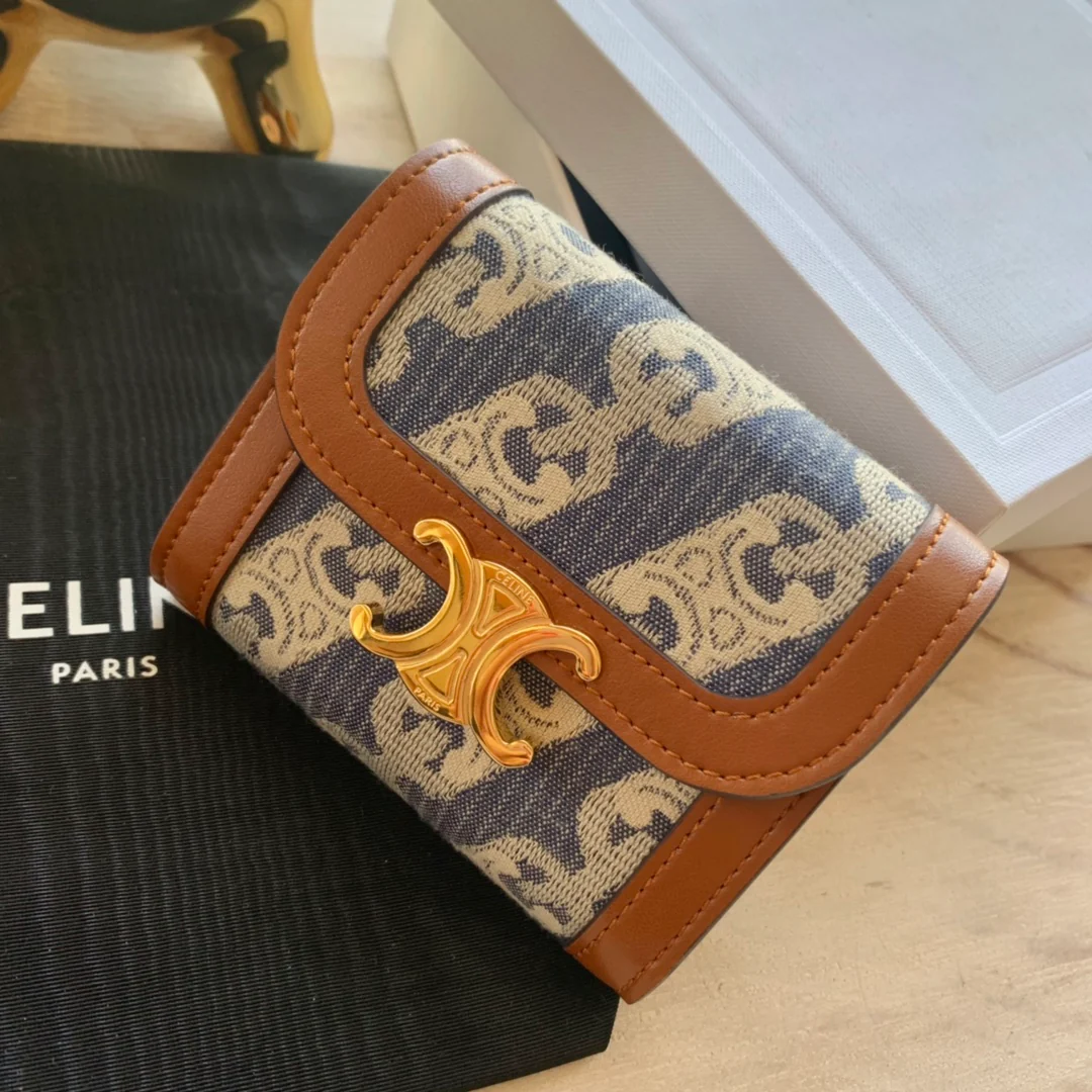 Маленький тканевый кошелек Celine Triomphe с вышивкой - синий