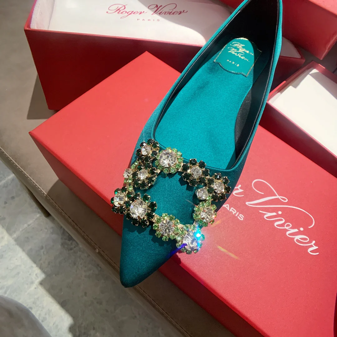 RV-Плоское дно-Шелковая пряжка со стразами-Зеленый