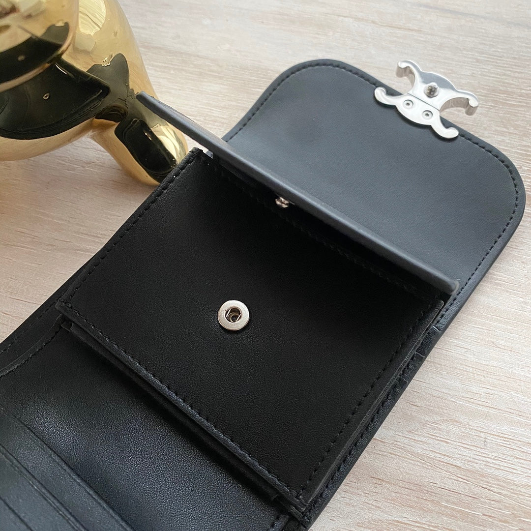 celine-triomphe-small блестящий кошелек с клапаном из овечьей кожи, черный