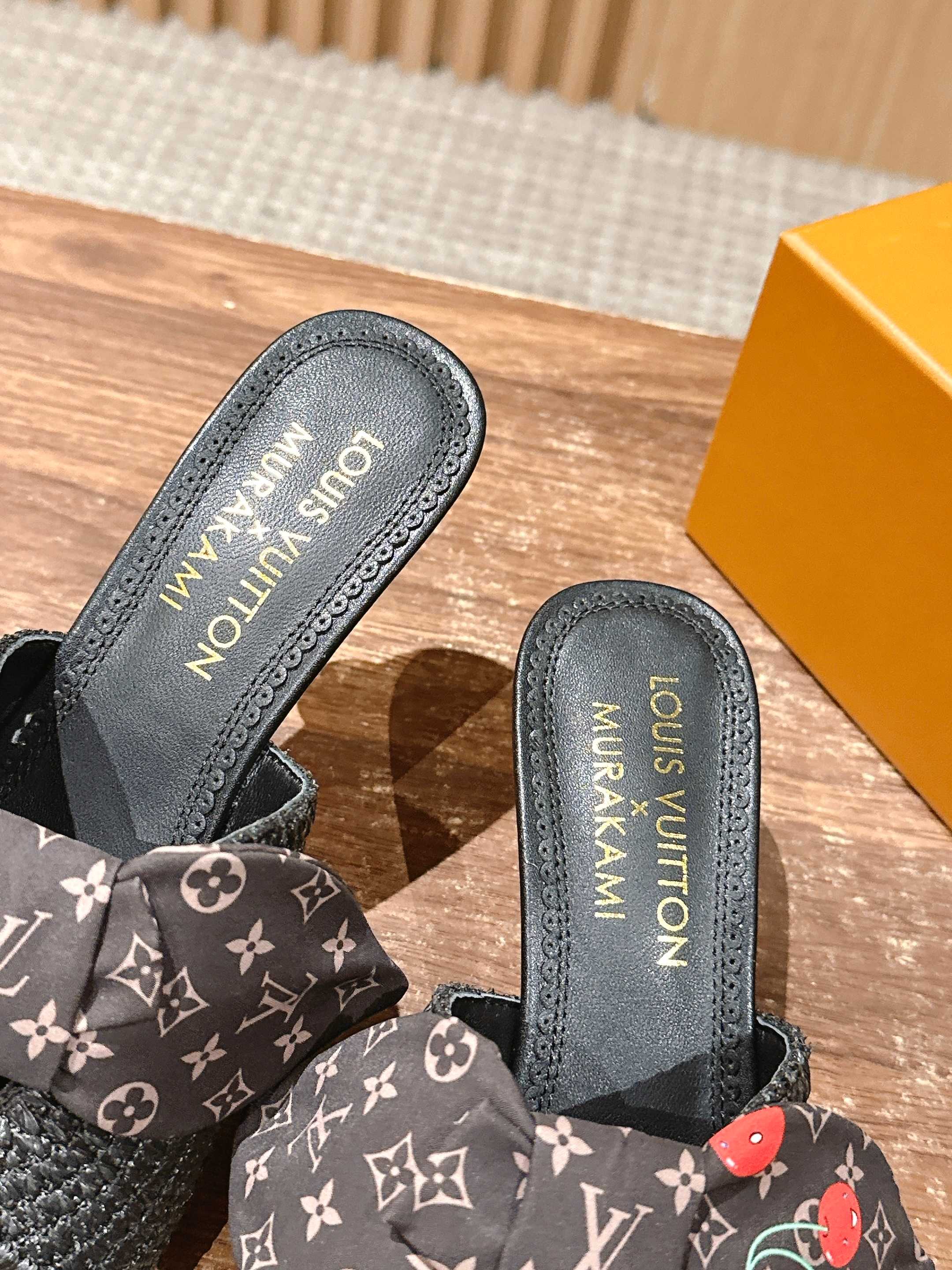 LV - Соломенные сандалии на низком каблуке с бантом - Черные