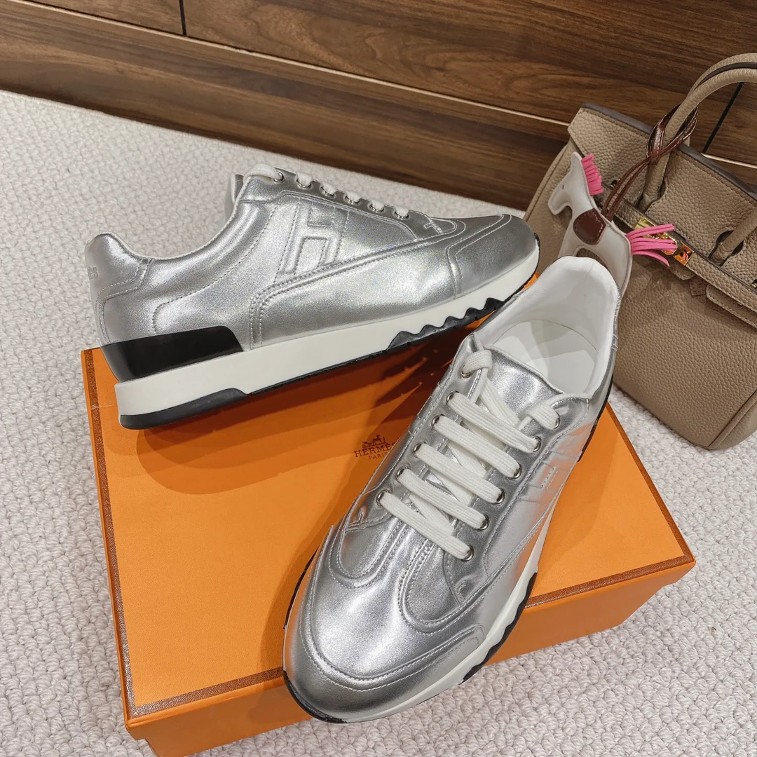 Новинка весны 2022 года от Hermes - Кожаные повседневные кроссовки - Унисекс - Серебристые