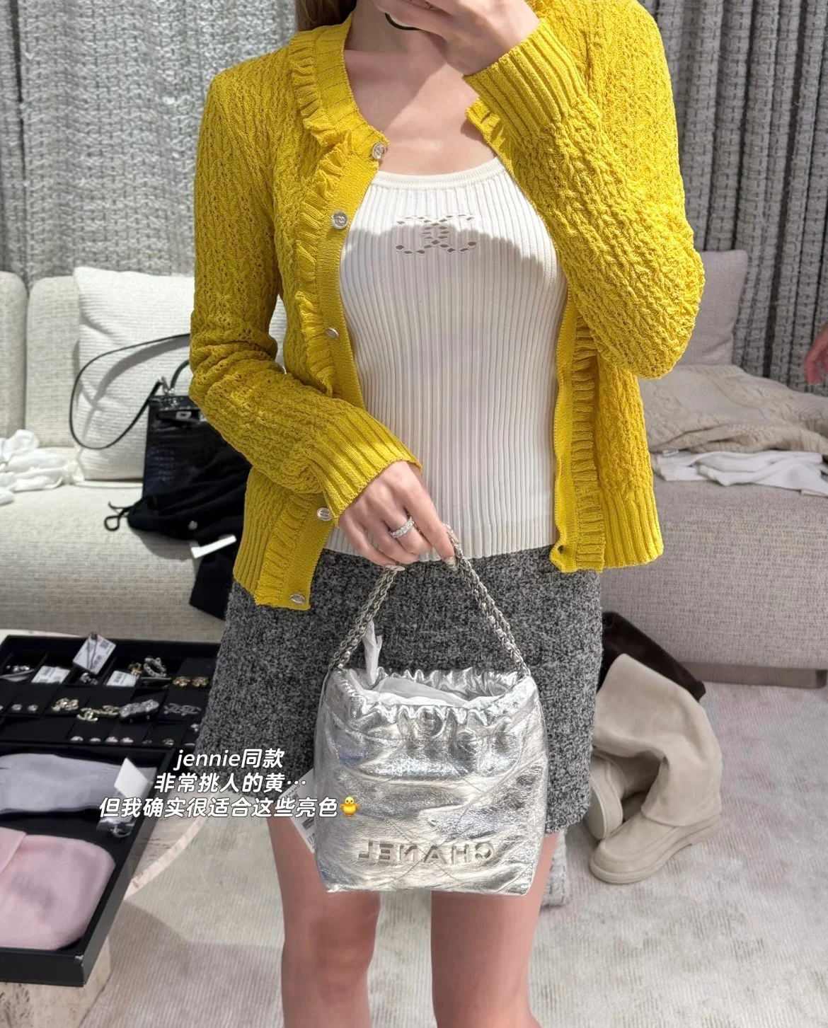 Миниатюрная металлическая кожаная мусорная сумка Chanel 25c - серебристая