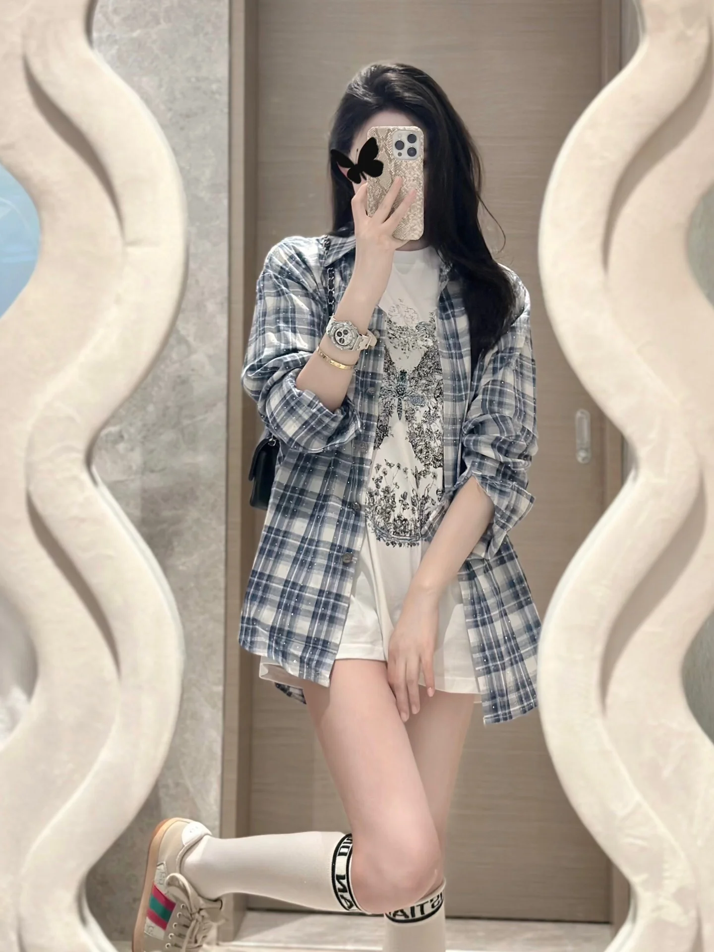 Miu Miu - 2404 - Классическая клетчатая рубашка, украшенная стразами - Синяя