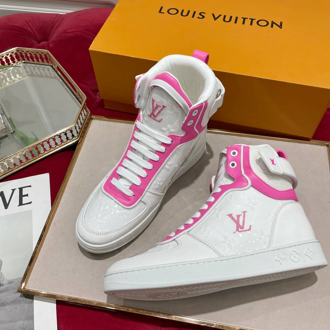 Обувь LV - кроссовки LV - высокие - повседневная обувь - розовые