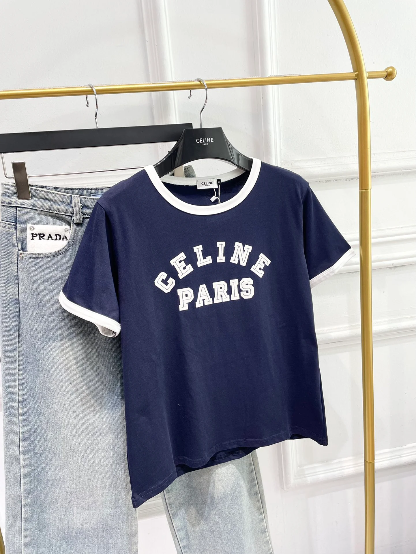 Футболка с коротким рукавом из хлопка с бархатным покрытием Celine-2404 - синяя