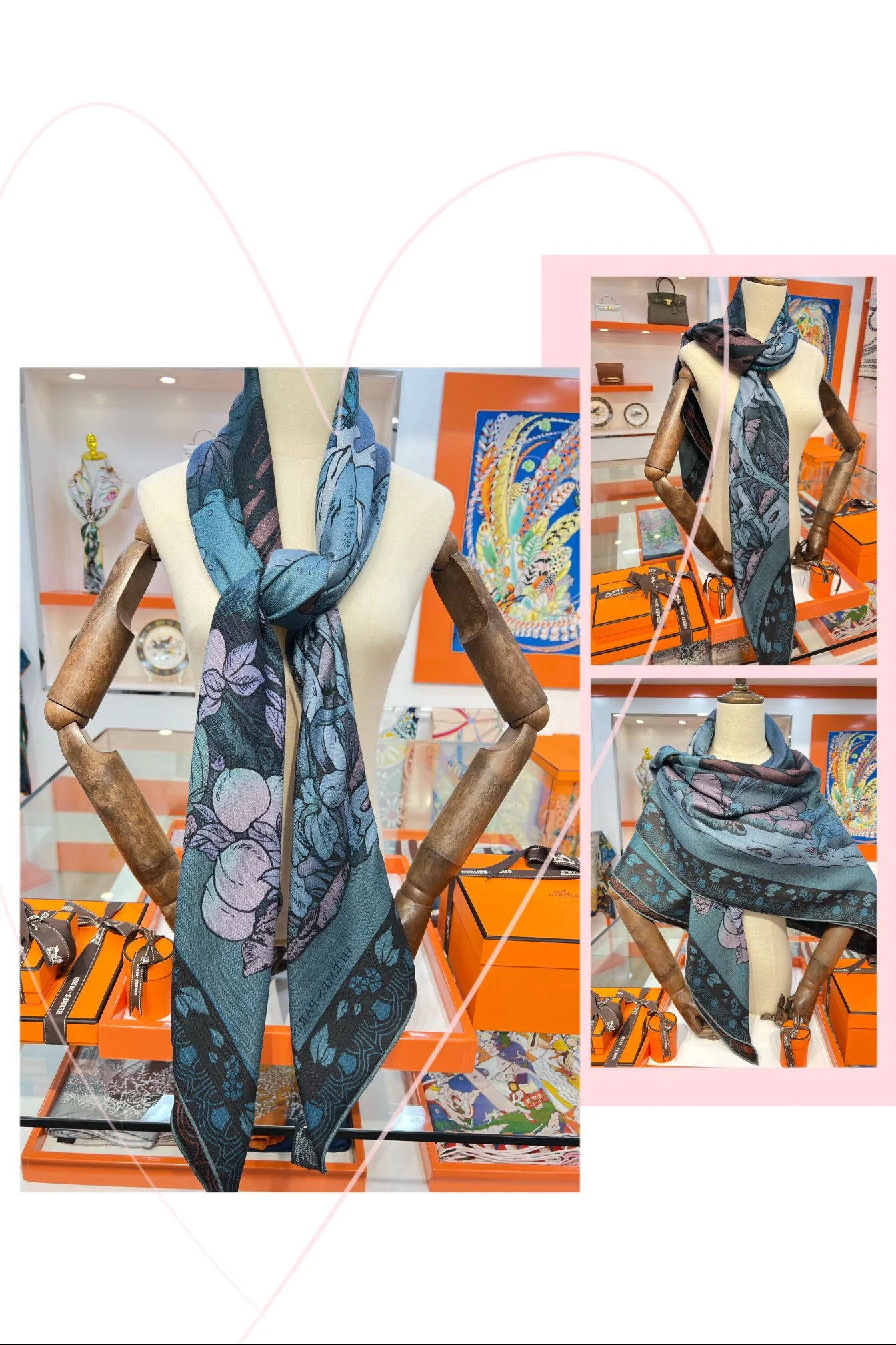 Большой двусторонний бархатный шарф Hermes - 140 см