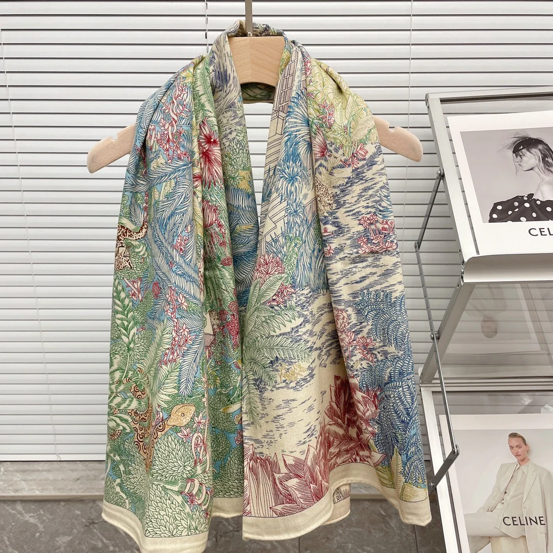 Большой двусторонний шарф Hermes - 136 см - 30 - Шелк 70 - Шерсть 7