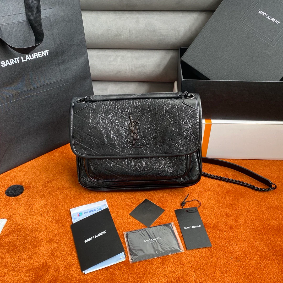 Сумка-мессенджер YSL Niki, черная кожа, 28 см.