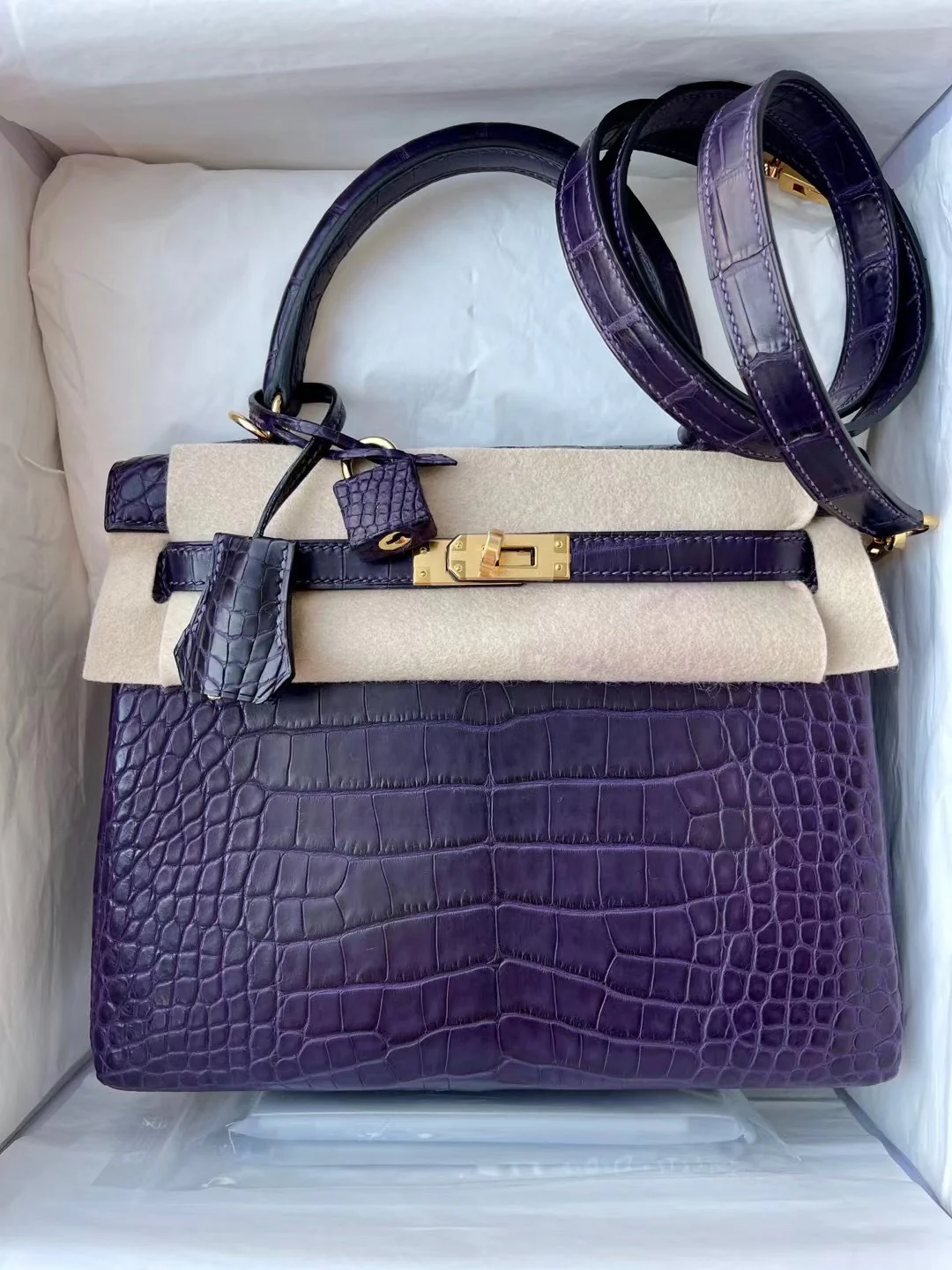 Hermes Kelly 25 Crocodile 9g Crystal Purple Gold Buckle