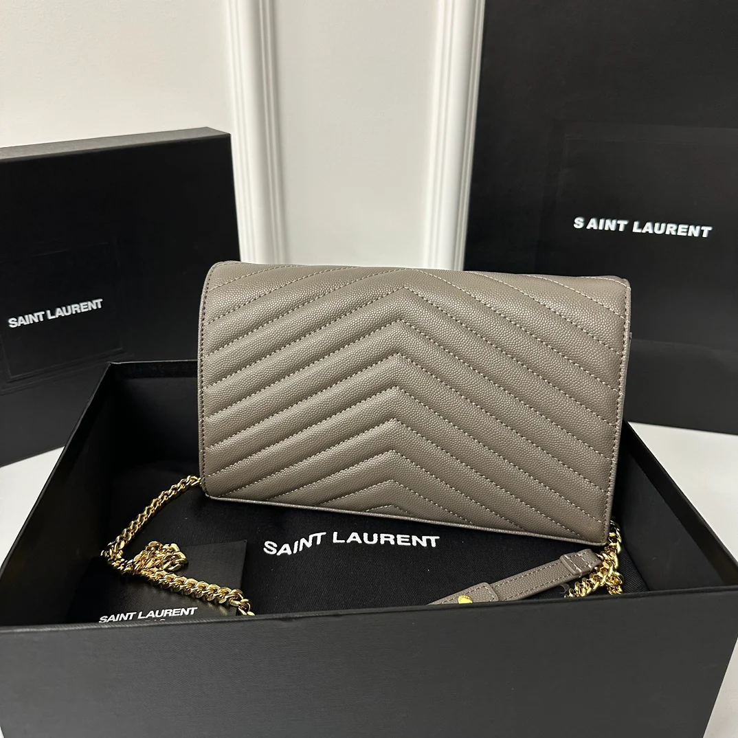 YSL Monogram Caviar WOC серого цвета с золотой пряжкой, 22 см, 1