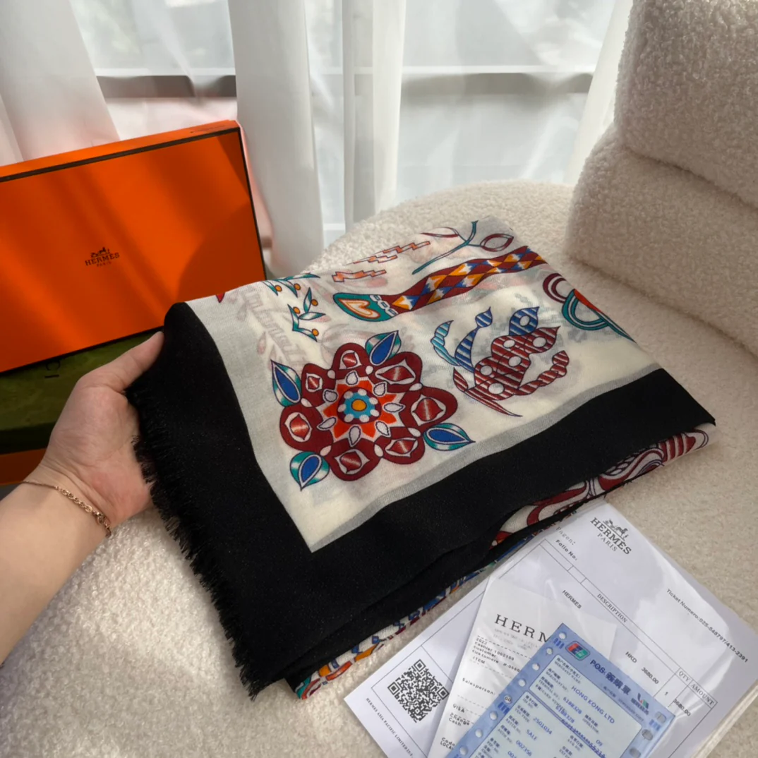 Кашемировый шарф Hermes с принтом - 105 см - 200 см - 100 см - Кашемир премиум-класса - 1 шт.