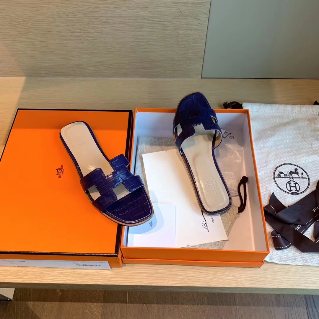 Классические тапочки Hermes с буквой H - Каменно-голубые