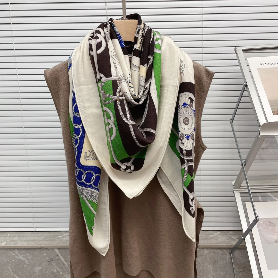 Большой двусторонний шарф Hermes - 136 см - 30 - Шелк 70 - Шерсть - 1