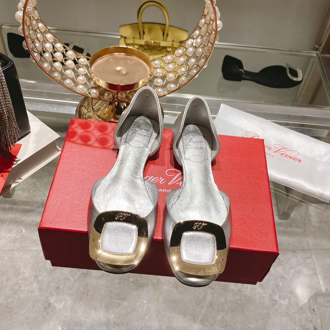 Обувь RV - Новинка весны/лета 2023 - Шелковый атлас с ажурной отделкой - Балетки - Серебристо-золотистый цвет