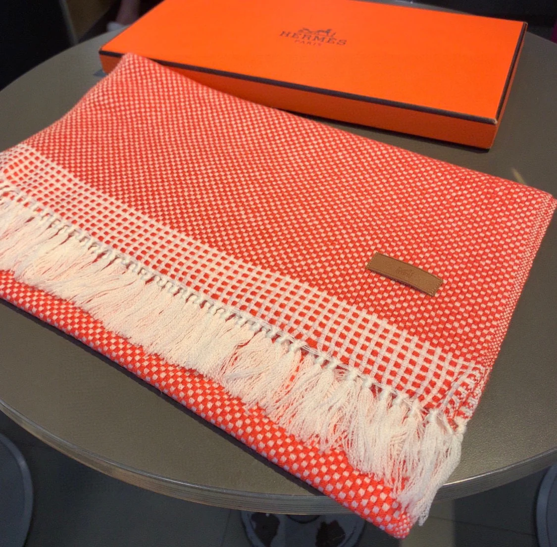 Вязаный кашемировый шарф Hermes ручной работы - 40 см - 195 см - оранжево-красный