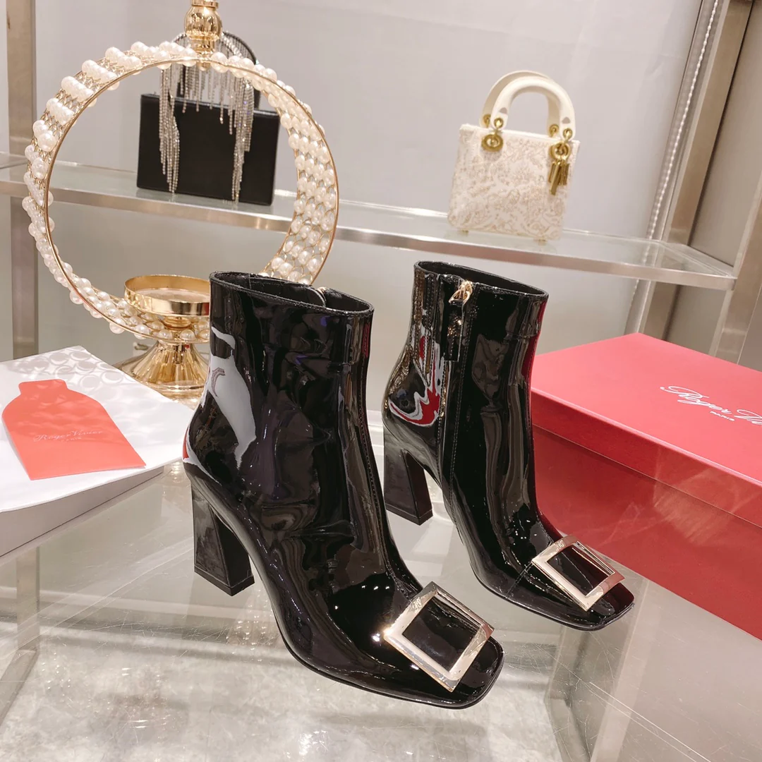 Обувь RV - Новинка осени 2022 - Металлизированные ботильоны с квадратным носком - Лакированная кожа, черные