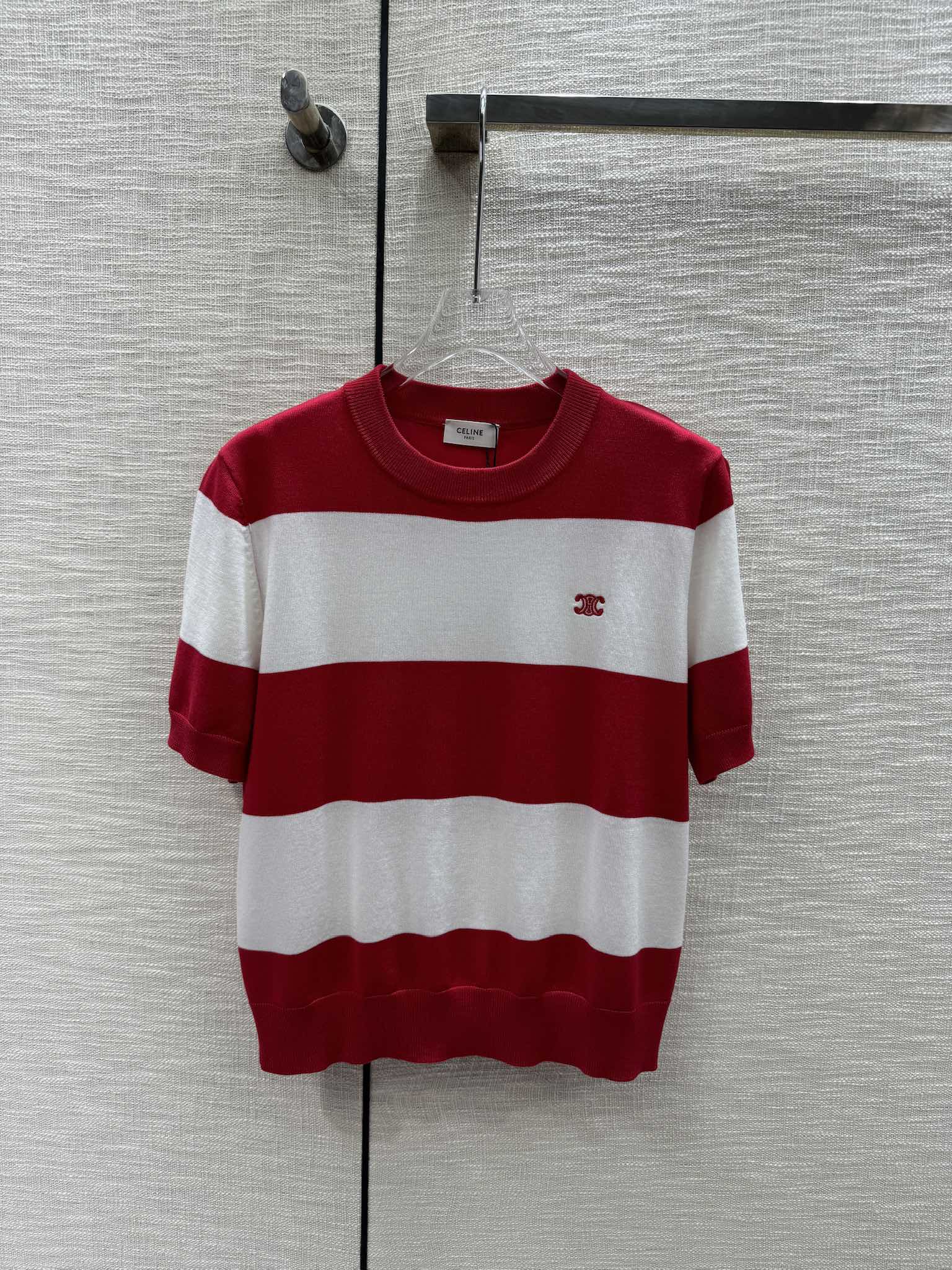 Celine-2404 - Трикотажная футболка с коротким рукавом в полоску, с цветными блоками - красно-белая