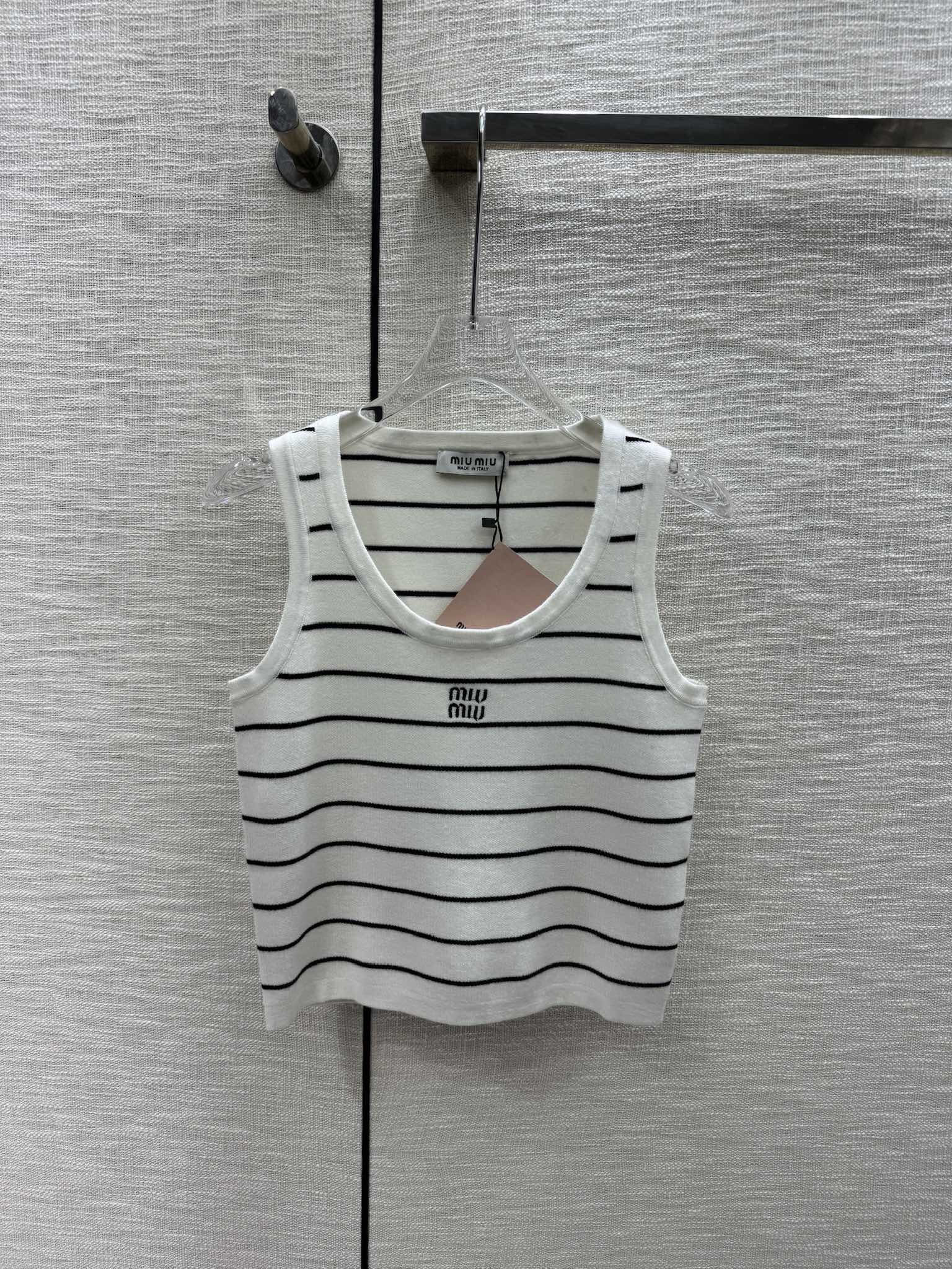 Miu Miu-2404-Вязаный жилет в полоску с цветовыми блоками-Белый-1