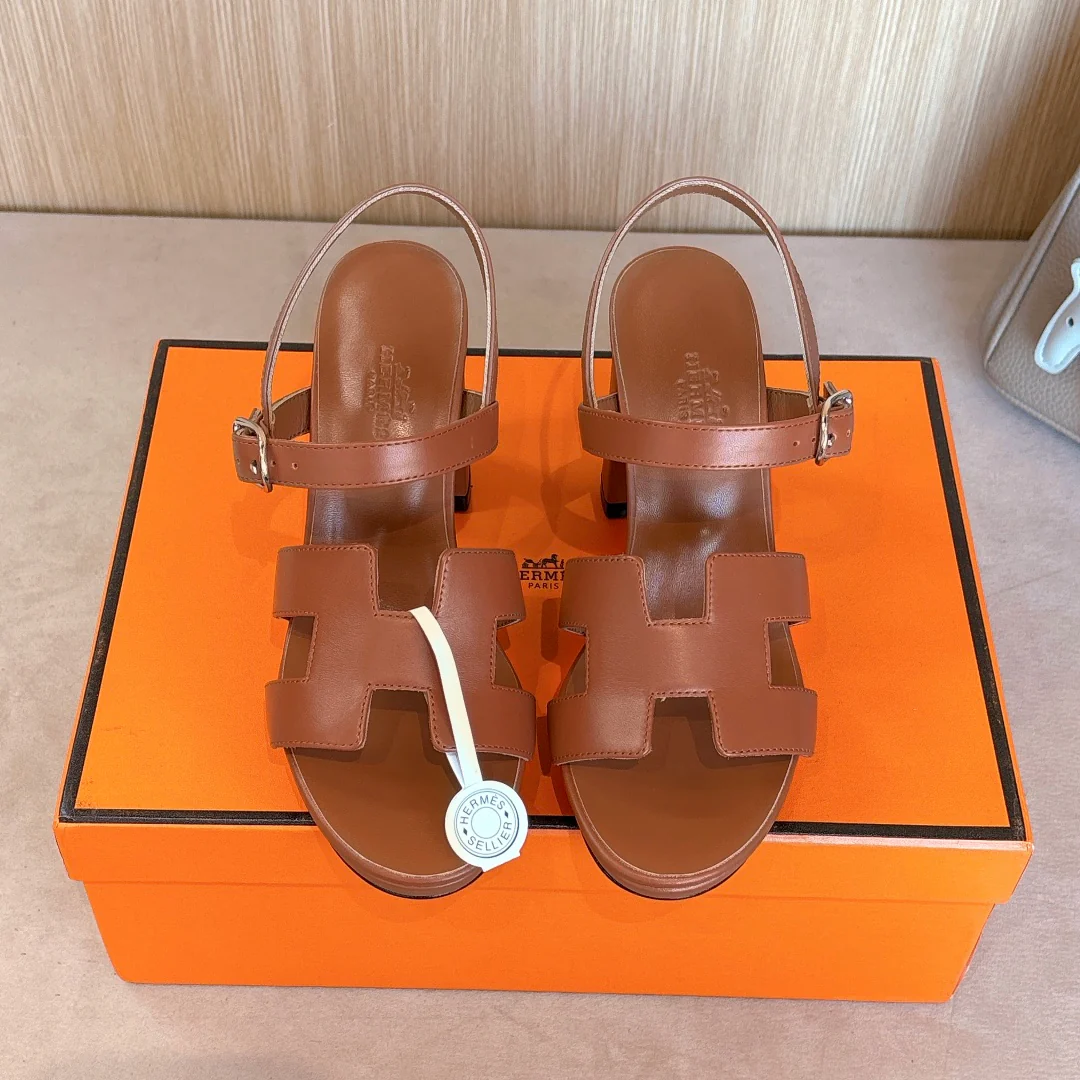 Модные сандалии Hermes 2024 из натуральной кожи - кофейно-коричневый