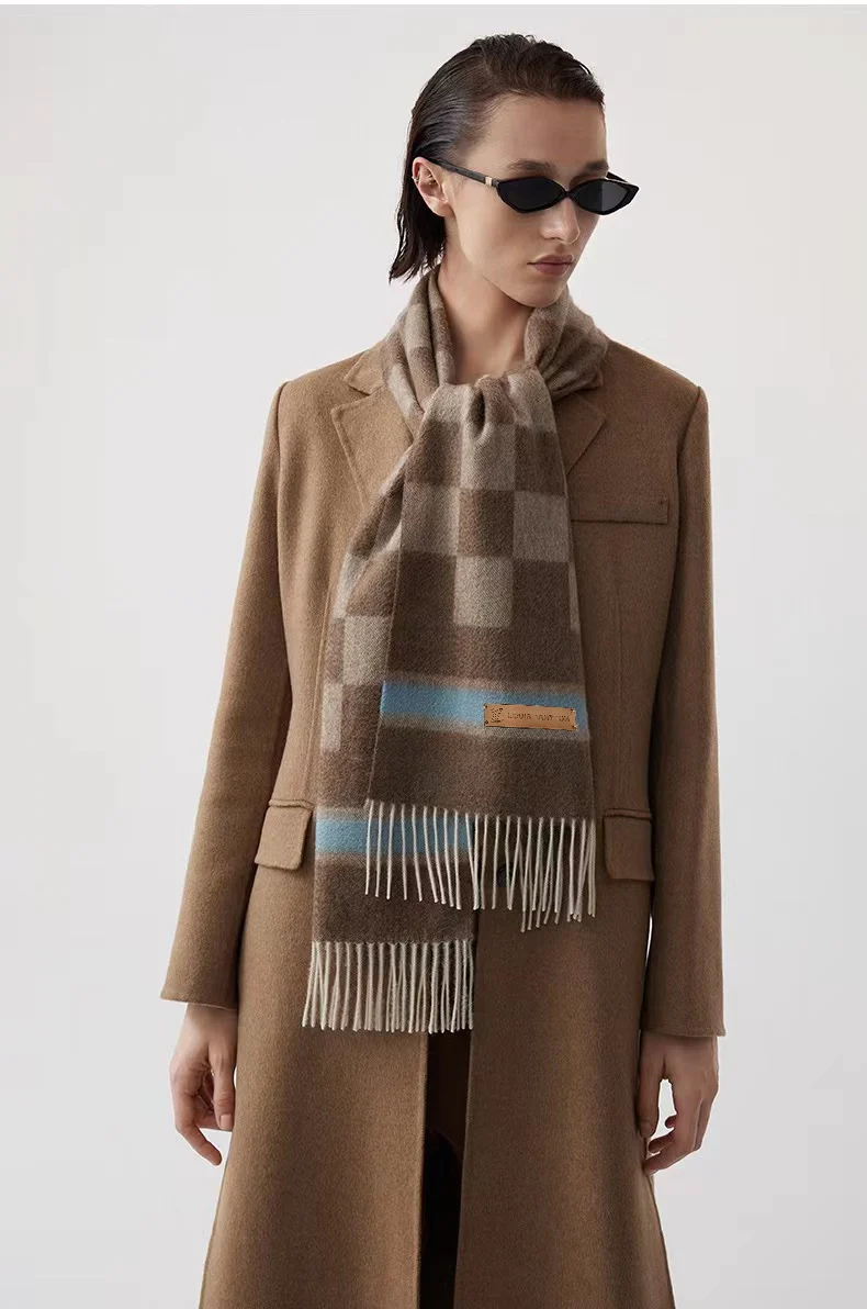 Двусторонний шарф LV Damier - 30 см (190 см) - с кисточками - 100% кашемир - темно-коричневый