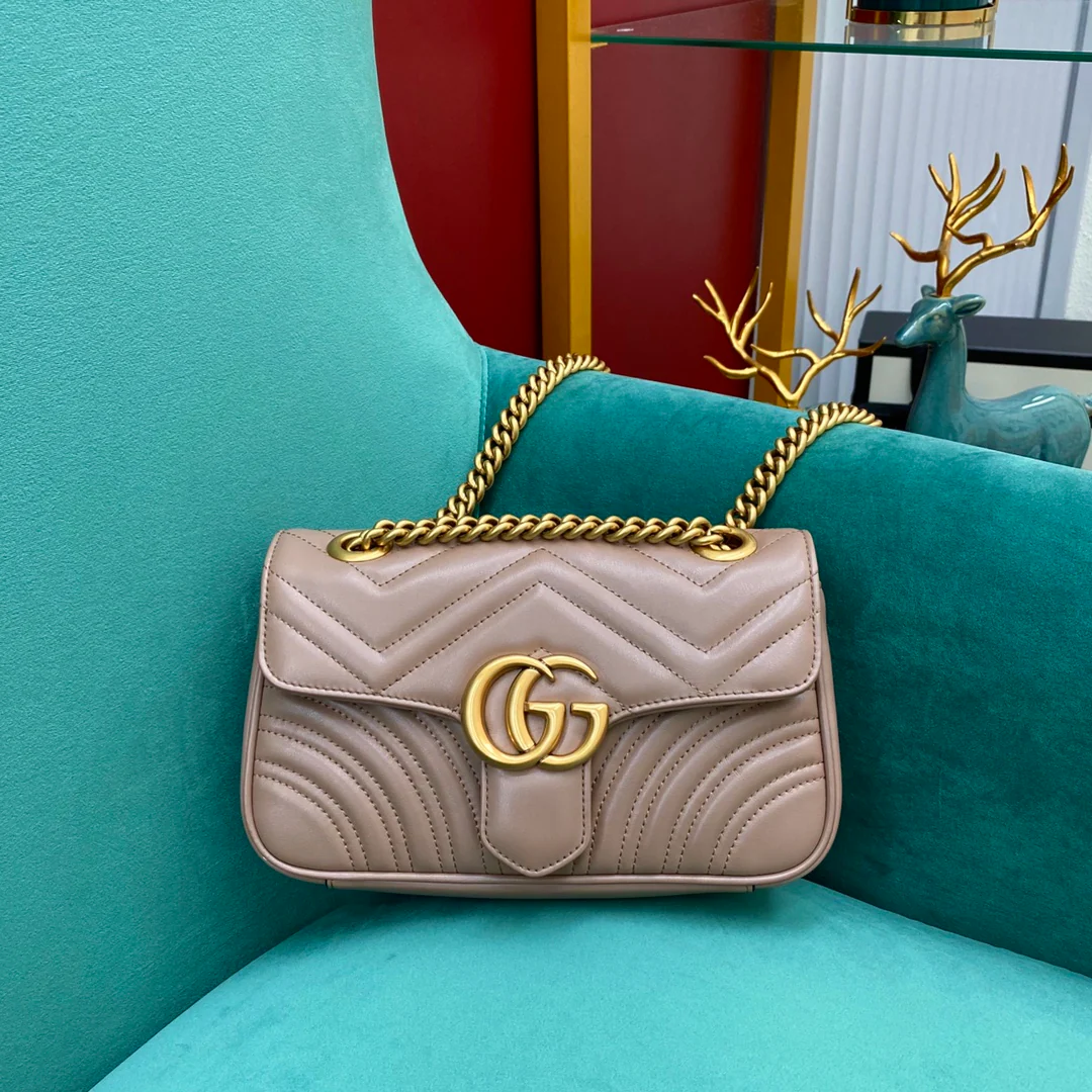 Сумка Gucci Marmont, цвет молочного чая, маленький размер, 22 см x 13 см x 6 см.